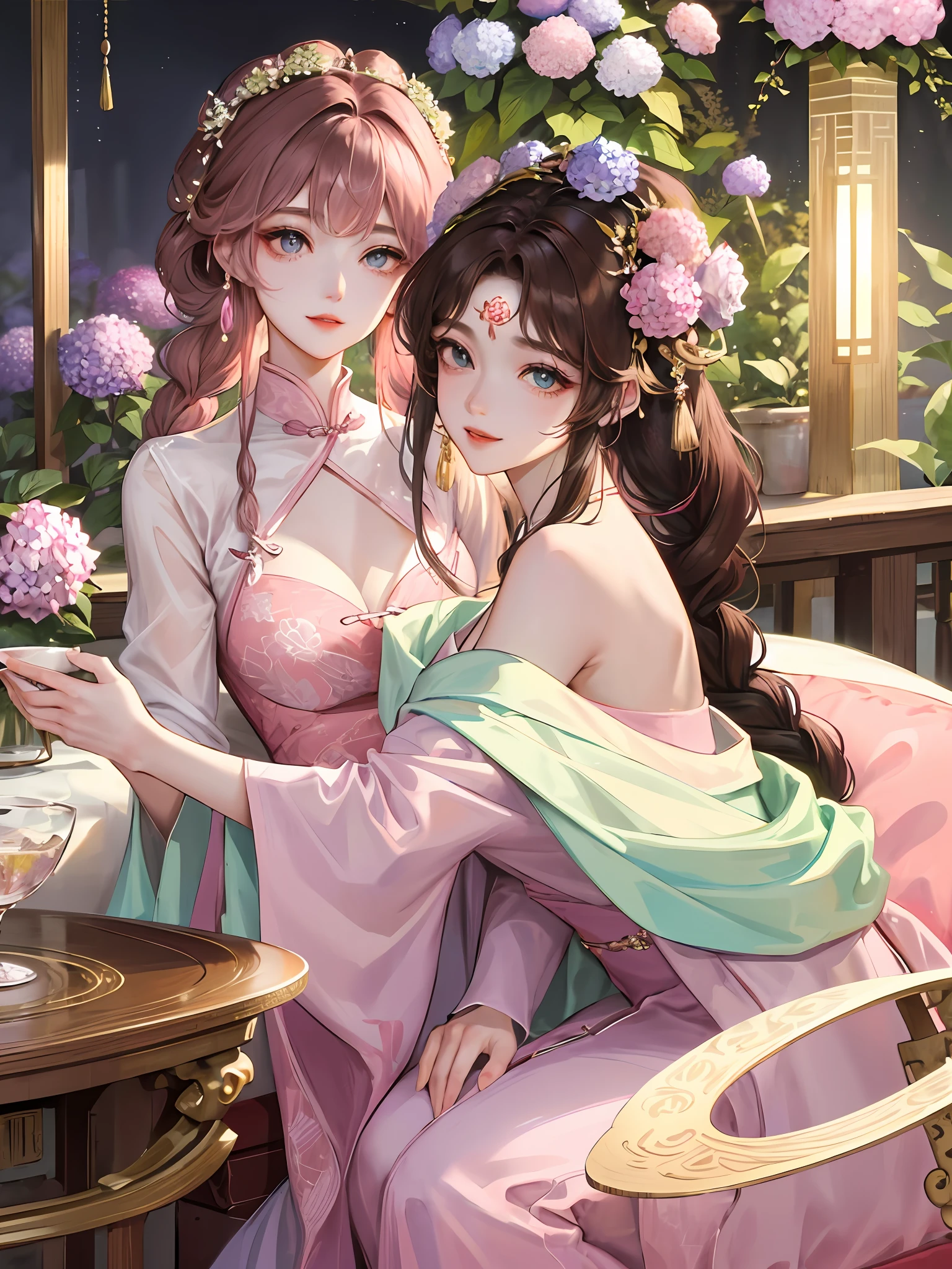 Masterpiece Superb Night Full Moon 1 Female Mature Chinese Style Ancient Chinese Sister Royal Sister Smile Brown Hair Princess Cut Twist Twist Braided Double Pill Head Light Pink Lips, Calm, Intellectual, Middle Hair, Green Pupils, Hairpins, Hydrangeas, Busts