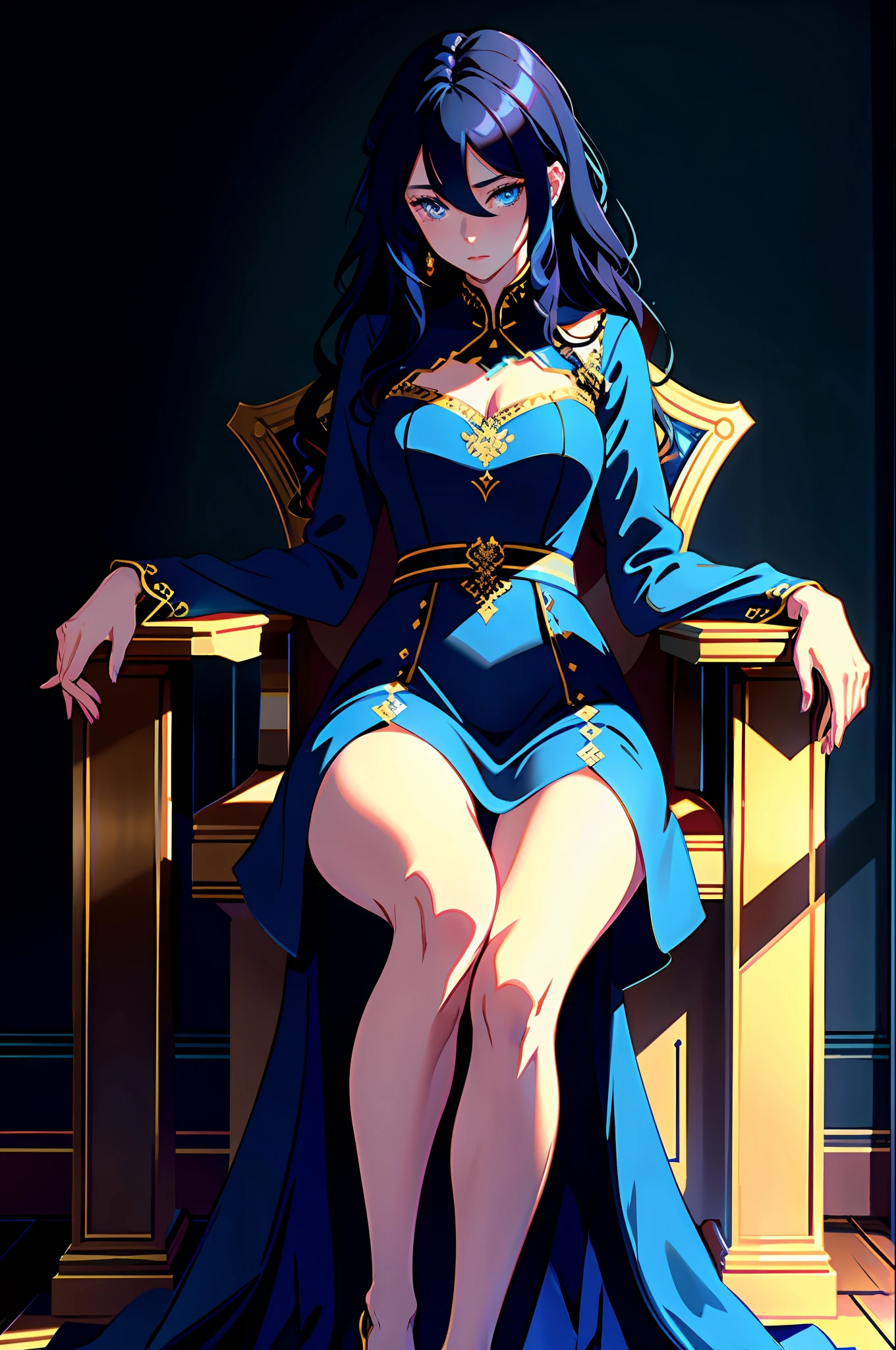 "((masterpiece)), best quality, ultra detailed, CG unity 8k wallpaper, the central figure is a ((young woman)), ((only)), with long black wavy hair, blue eyes, dressed in a ((long blue dress)), hands hidden under the sleeves of the dress, legs hidden under the skirt of the dress, sitting on a throne, facing the viewer, on a ((dark background)), detailed and delicate drawing" .