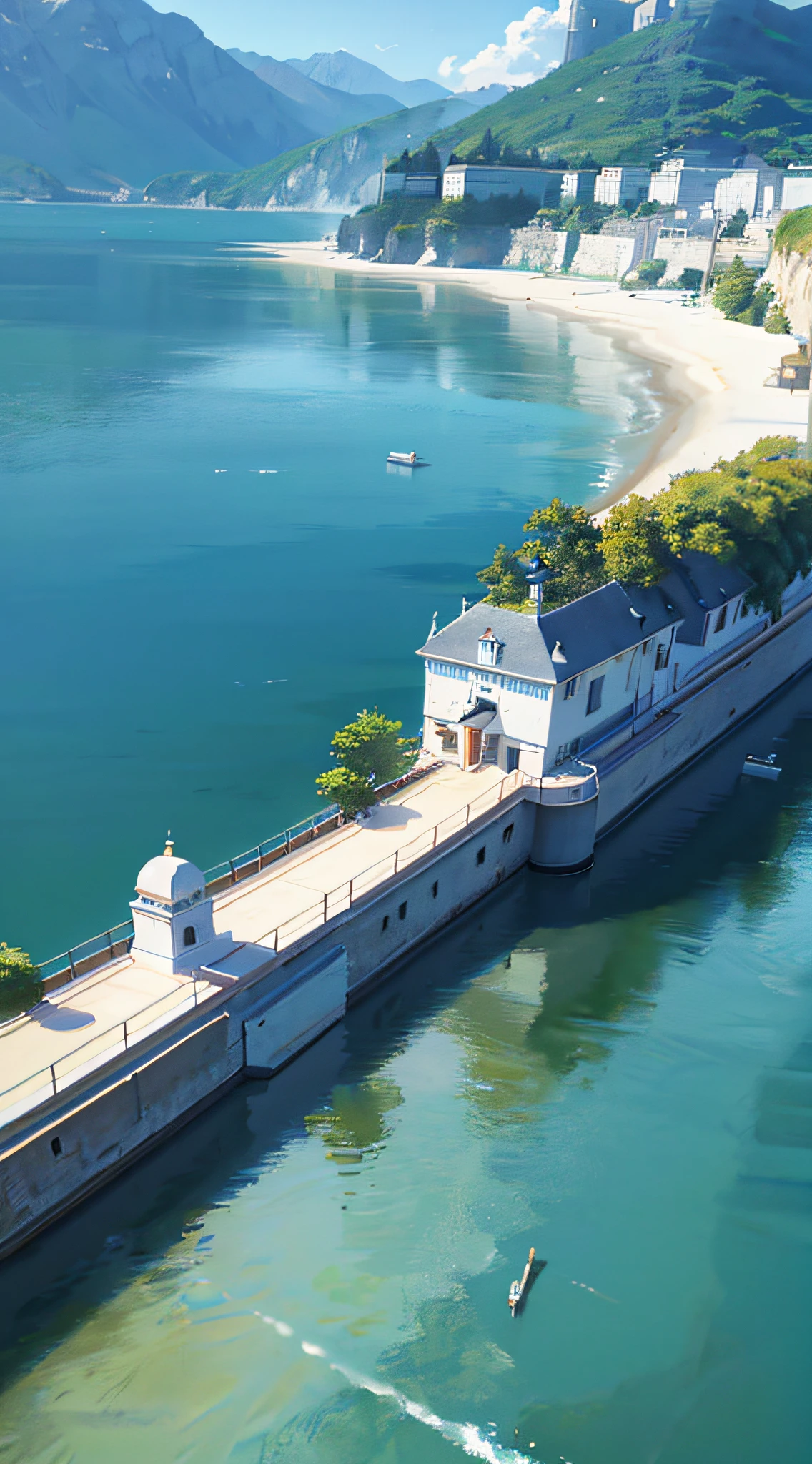 no humans, scenery, vanishing point, from below, masterpiece, best quality, 8k, absurdres, water surface, summer, noon, sunlight, blue sky, perspective, depth of field, highres, finely detail, ultra-detailed, sharp focus