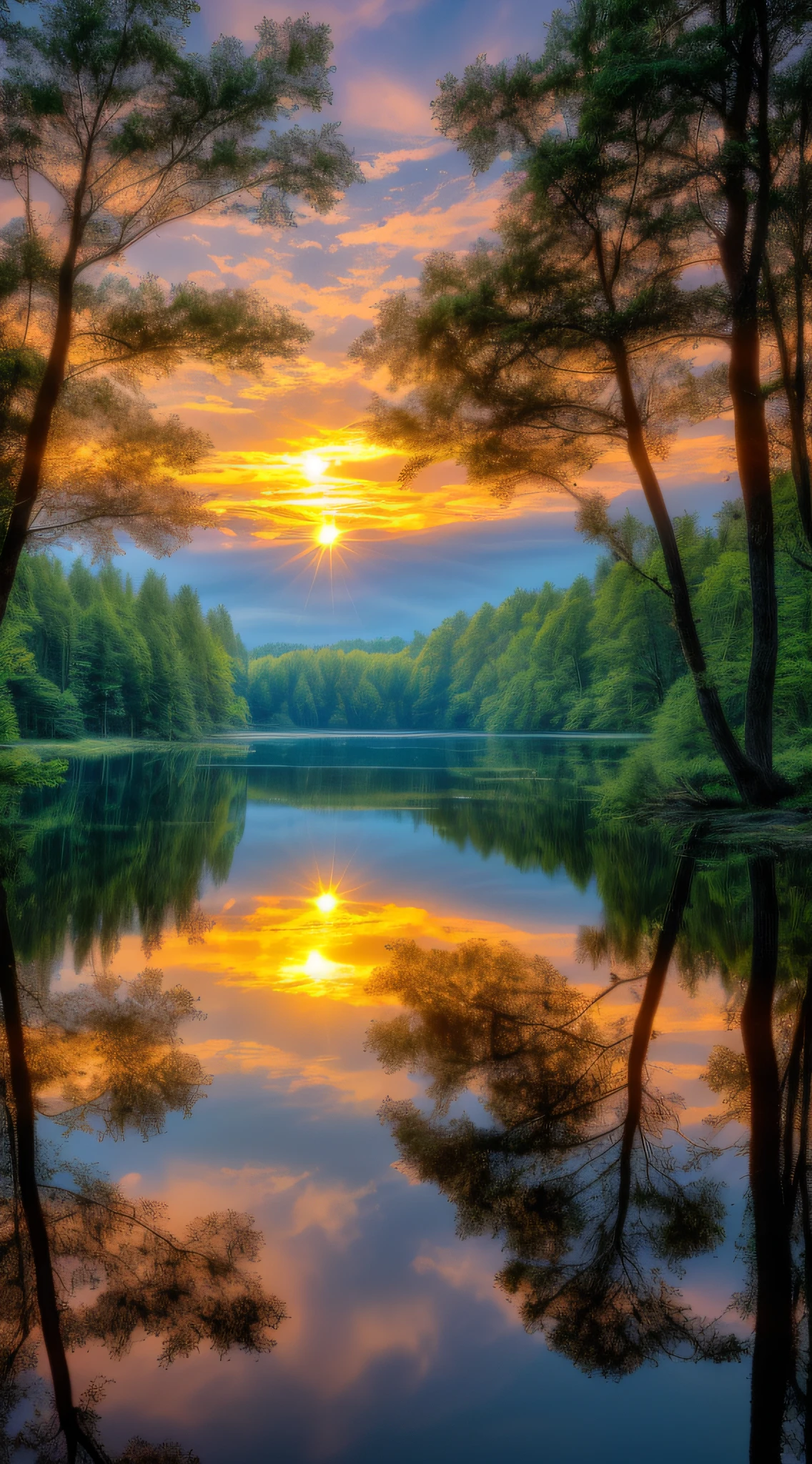 Wallpaper, summer, lake, dawn, forest, clouds, dawn background, depth of field, HD detail, hyperdetail, cinematic, soft light, deep field focus bokeh, ray tracing, diffuse (ultra-fine glass reflection) and realism. --v6