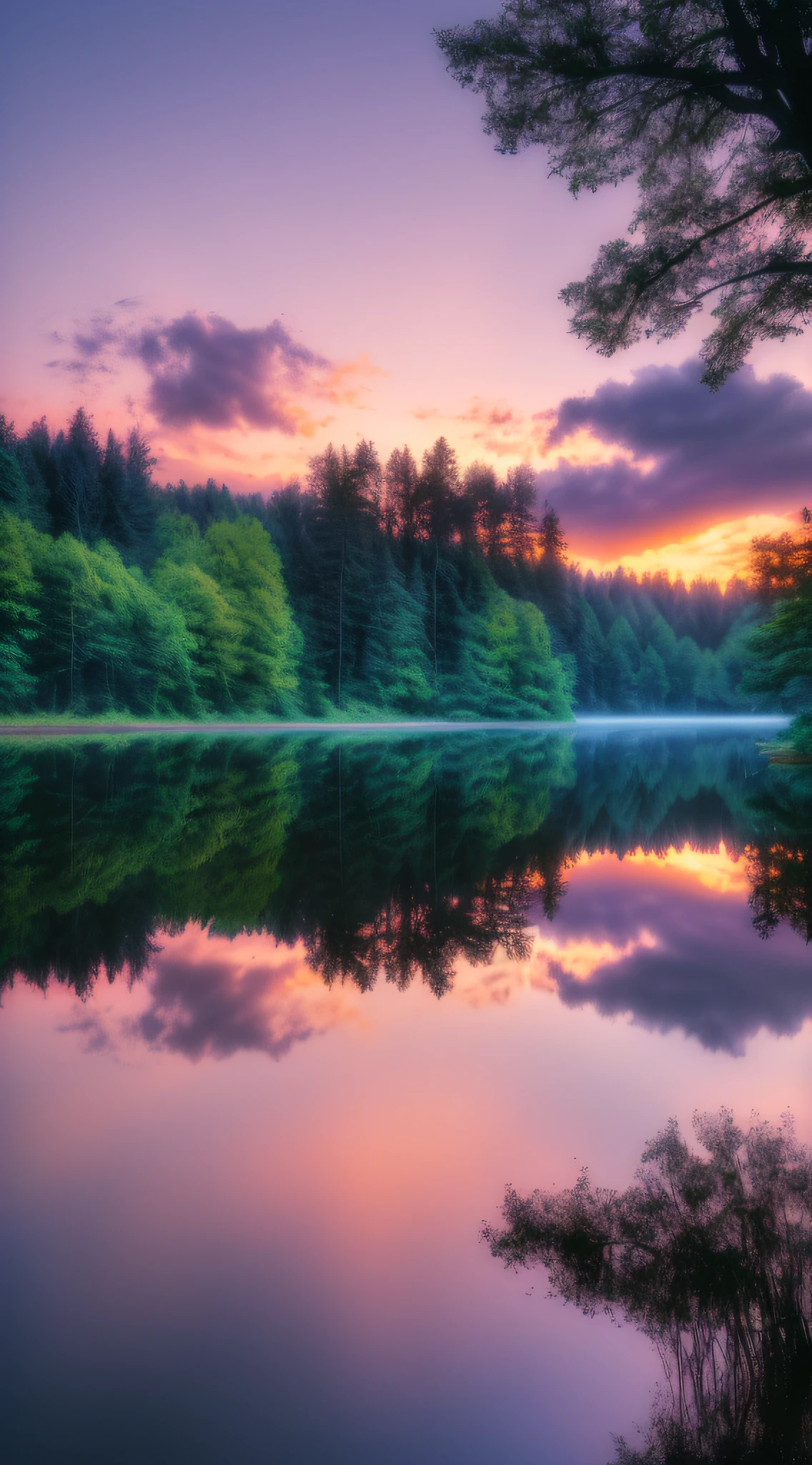 Wallpaper, summer, lake, dawn, forest, clouds, dawn background, depth of field, HD detail, hyperdetail, cinematic, soft light, deep field focus bokeh, ray tracing, diffuse (ultra-fine glass reflection) and realism. --v6