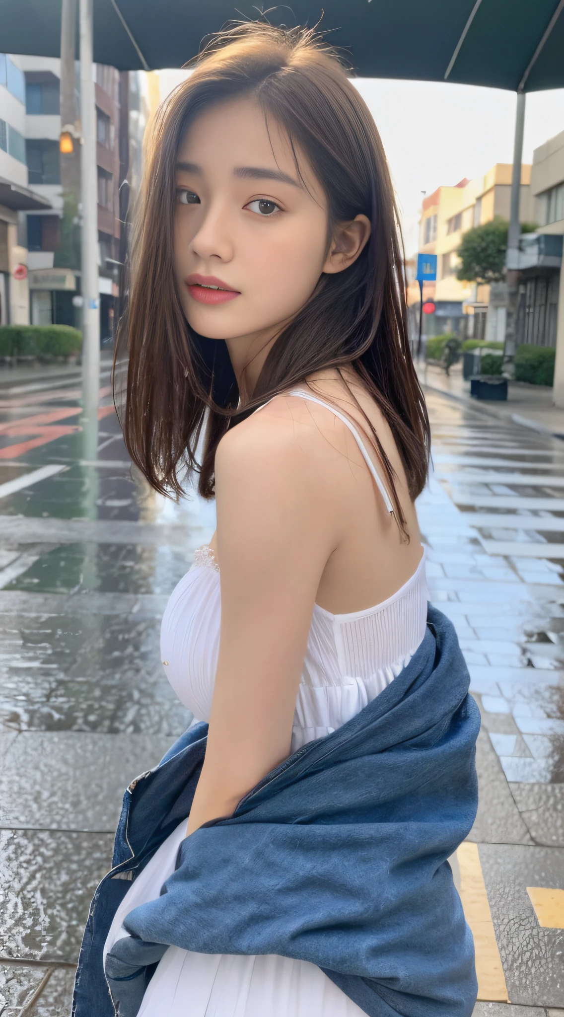 ((Best Quality, 8K, Masterpiece:1.3)), Focus: 1.2, Perfect Body Beauty: 1.4, Buttocks: 1.2, ((Layered Haircut, Breasts: 1.2)), (Wet Clothes: 1.1) , (Rain, Street:1.3), Bandeau Dress: 1.1, Highly Detailed Face and Skin Texture, Delicate Eyes, Double Eyelids, Whitened Skin, Long Hair