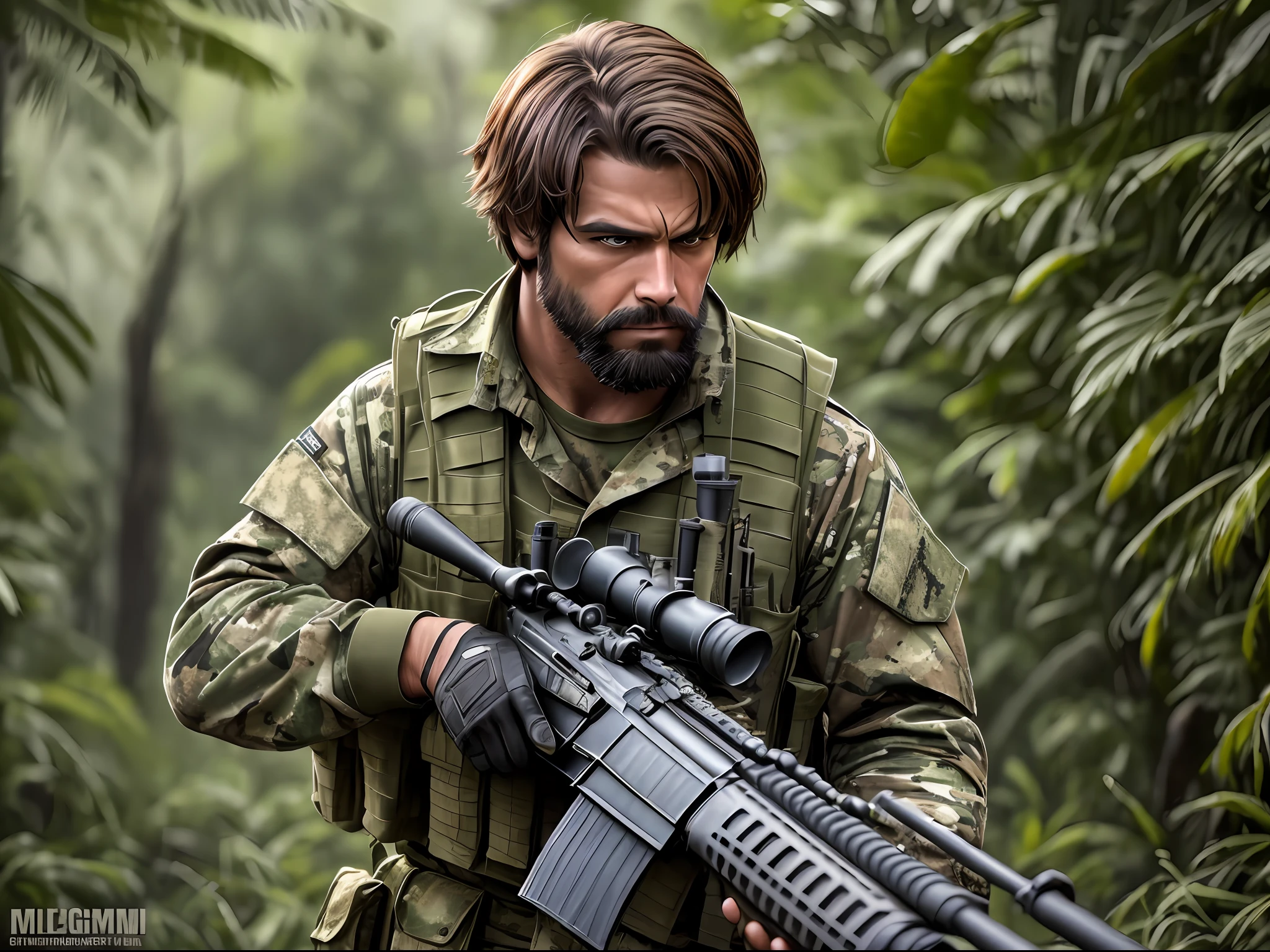 ((masterpiece)). ((best quality)), ((highres)), male focus, private military contractor, solder, mercenary, jungle camouflage battle dress uniform, cigar, aiming and firing an m16 rifle with underbarrel grenade launcher, assault rile, m16a2, m203, intense look on his face, brown hair, short hair, assault vest, jungle backdrop, gritty war atmosphere --auto --s2