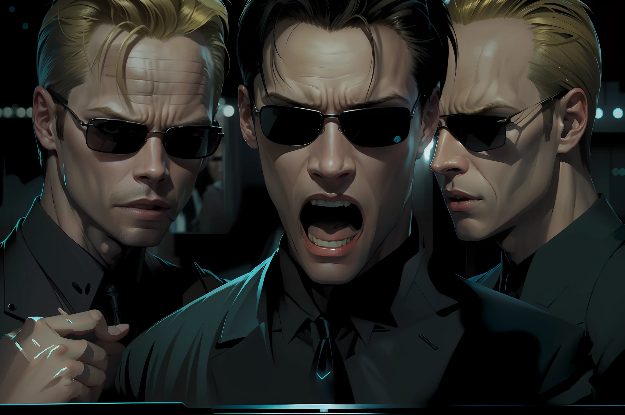 evil looking blond GUY PEARCE face, blond GUY PEARCE in a suit with square sunglasses close up, blond GUY PEARCE in a suit angry, blond GUY PEARCE in a suit with squared sunglasses, square sunglasses