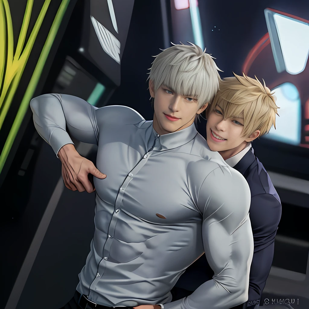 anime petrified man with a muscular body hugged sexyly by another guy in a suit, muscular!!, muscular!! sci-fi, (sfw) safe for work, muscular!, muscular characters, as a titan, muscular! fantasy, most strongest pose, heroic masculine pose, muscular! white, genos, muscular!!!, sfw version, buff man, goro and kunkle, handsome anime pose,teasing smile, sinister smile,sly smile,smile contentedly,devious smile,evil smile,devil smile
