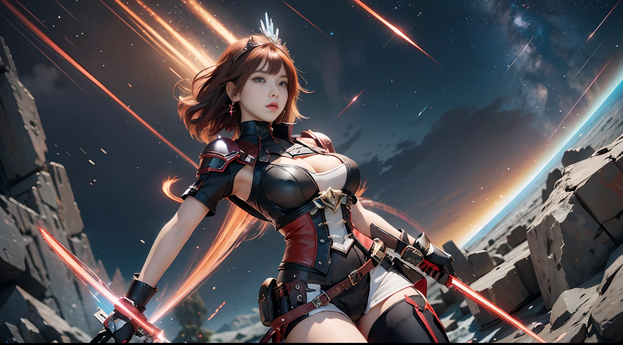 pyra \(xenoblade\), 1girl, full body, legs visible, armor, bangs, black gloves, breasts, red eyes, closed mouth, earrings, eyelashes, fingerless gloves, floating hair, framed breasts, gem, gloves, hair ornament, headpiece, jewelry, large breasts, leaning back, leotard, neon trim, official art, pose, red hair, red shorts, saitou masatsugu, short hair, short shorts, short sleeves, shorts, sidelocks, skin tight, solo, standing, swept bangs, thighhighs, tiara, space background, turtleneck, underbust, vambraces, xenoblade chronicles \(series\), (xenoblade chronicles 2),