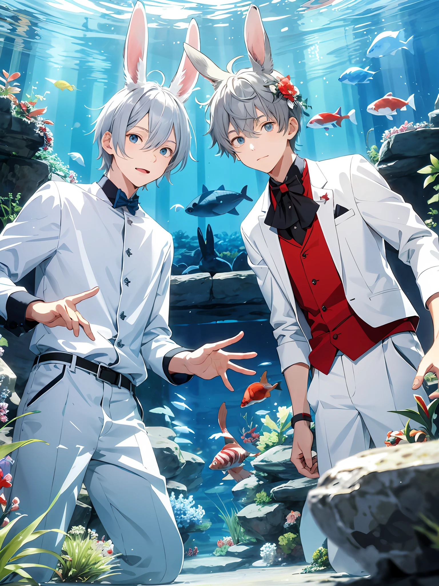 Illustration style, two cute boys, silver-haired blue-eyed rabbit ears, silver-haired red-eyed rabbit ears Play in the aquarium