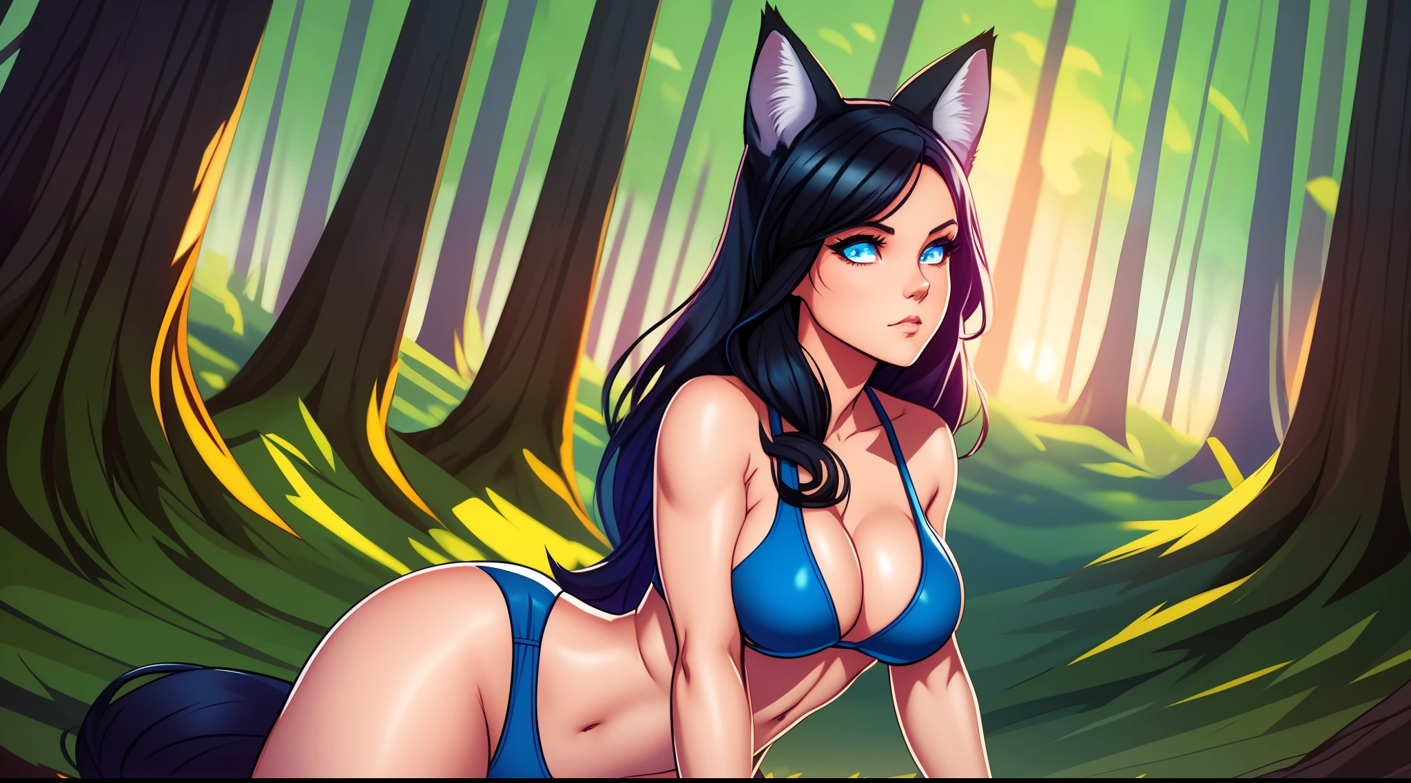 fox girl in a forest watching the sunset, fox ears, comics style art, lois van baarle and rossdraws, jen bartel, comic book art style, marvel comics style, martin ansin, micro bikini, huge breasts, black hair, blue eyes, wide hips, thick thighs, muscles, abs