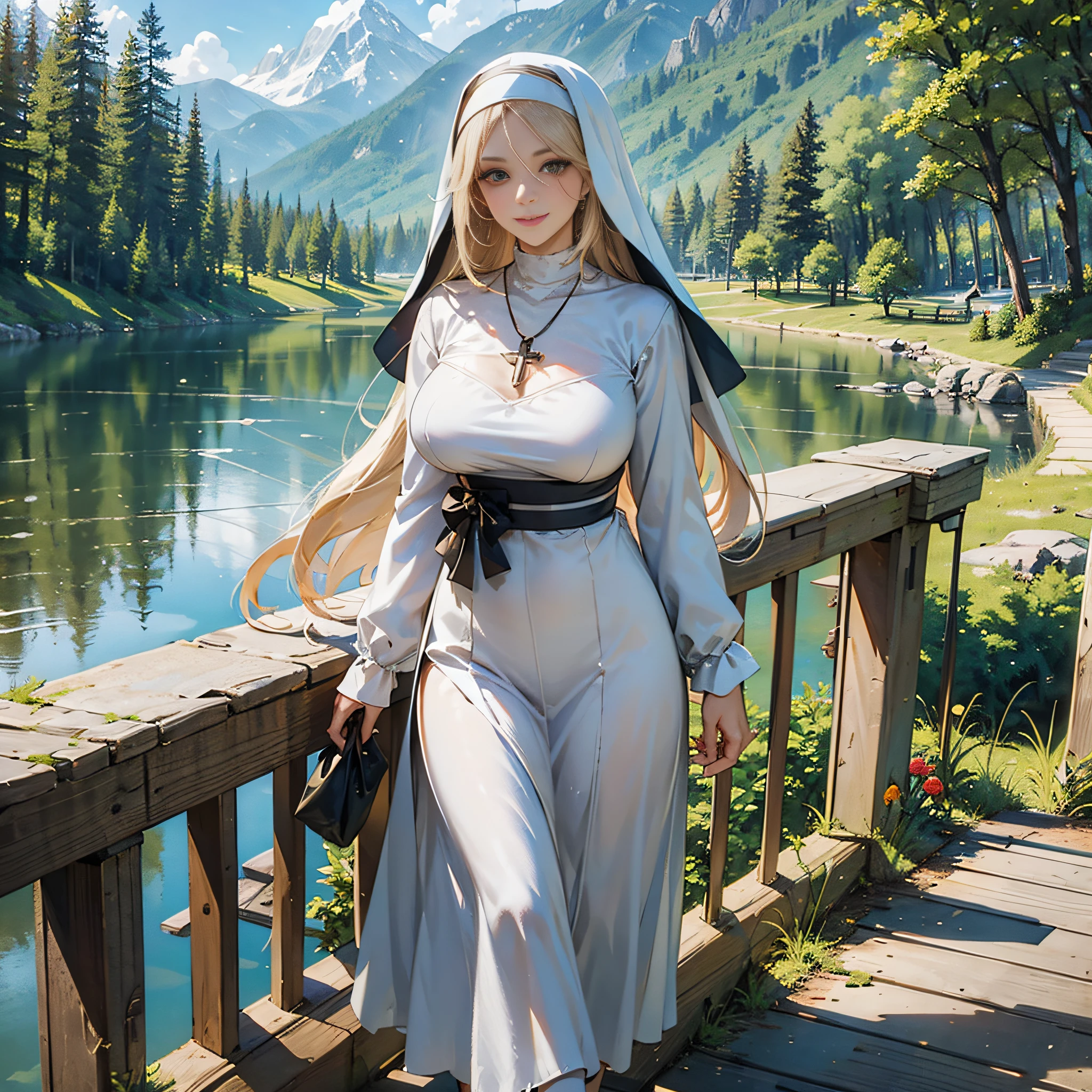 (masterpiece),(best quality:1.1),cowboy shot,1girl,smile,nun,standing,large breasts,kind and gentle eyes,platinum blonde hair,long hair,light makeup,habit,long skirt,pantyhose,cross necklace,brown sandals,holding a bouquet of flowers,lake,trees,mountains,blue sky,calm water,detailed background,natural lighting,serene atmosphere,