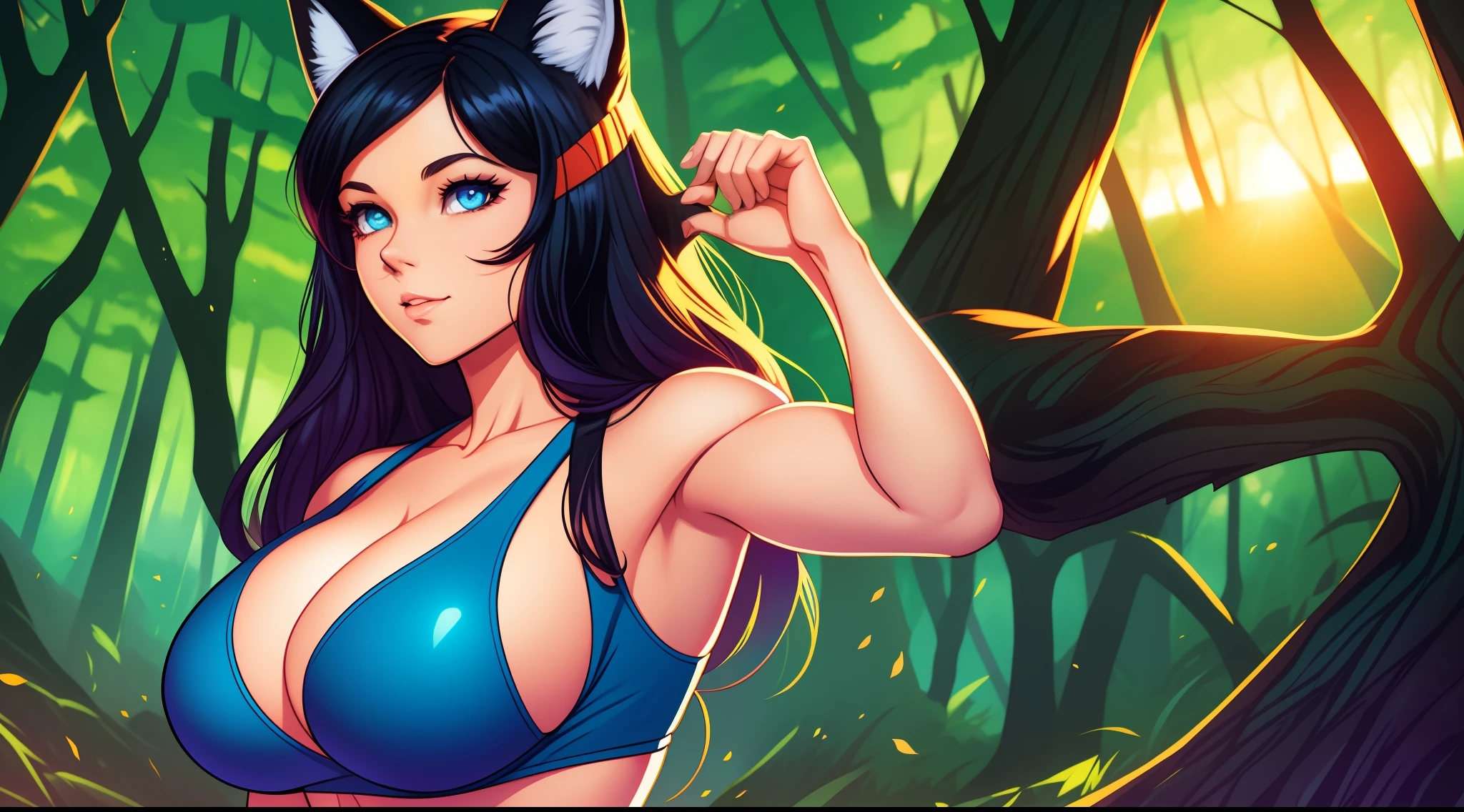 fox girl in a forest watching the sunset, fox ears, comics style art, lois van baarle and rossdraws, jen bartel, comic book art style, marvel comics style, martin ansin, micro bikini, huge breasts, black hair, blue eyes, wide hips, thick thighs, muscles, abs