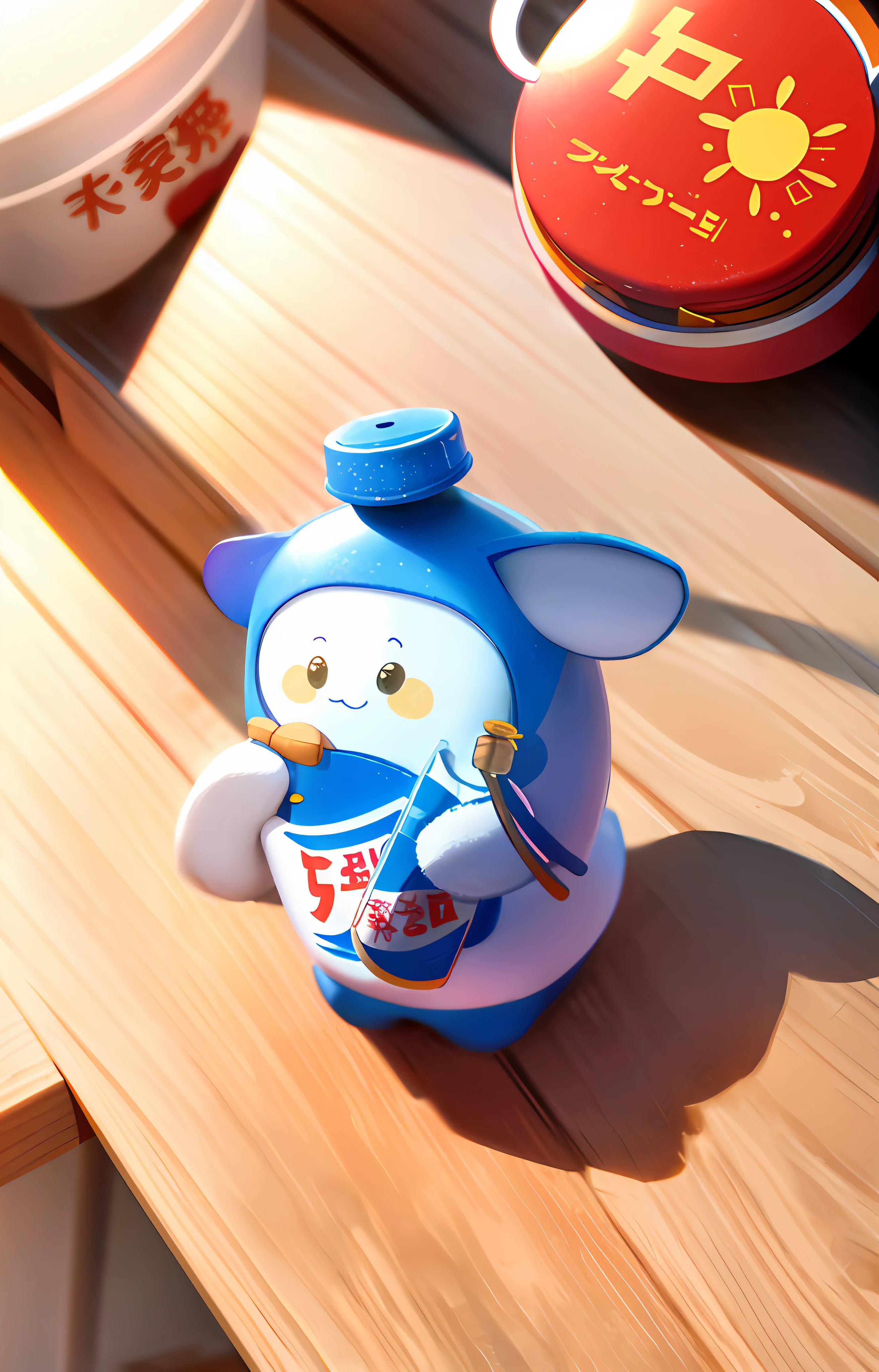 Moutai, mascot, cute, Moutai bottle, cup, drink, high precision illustration, summer, sunshine