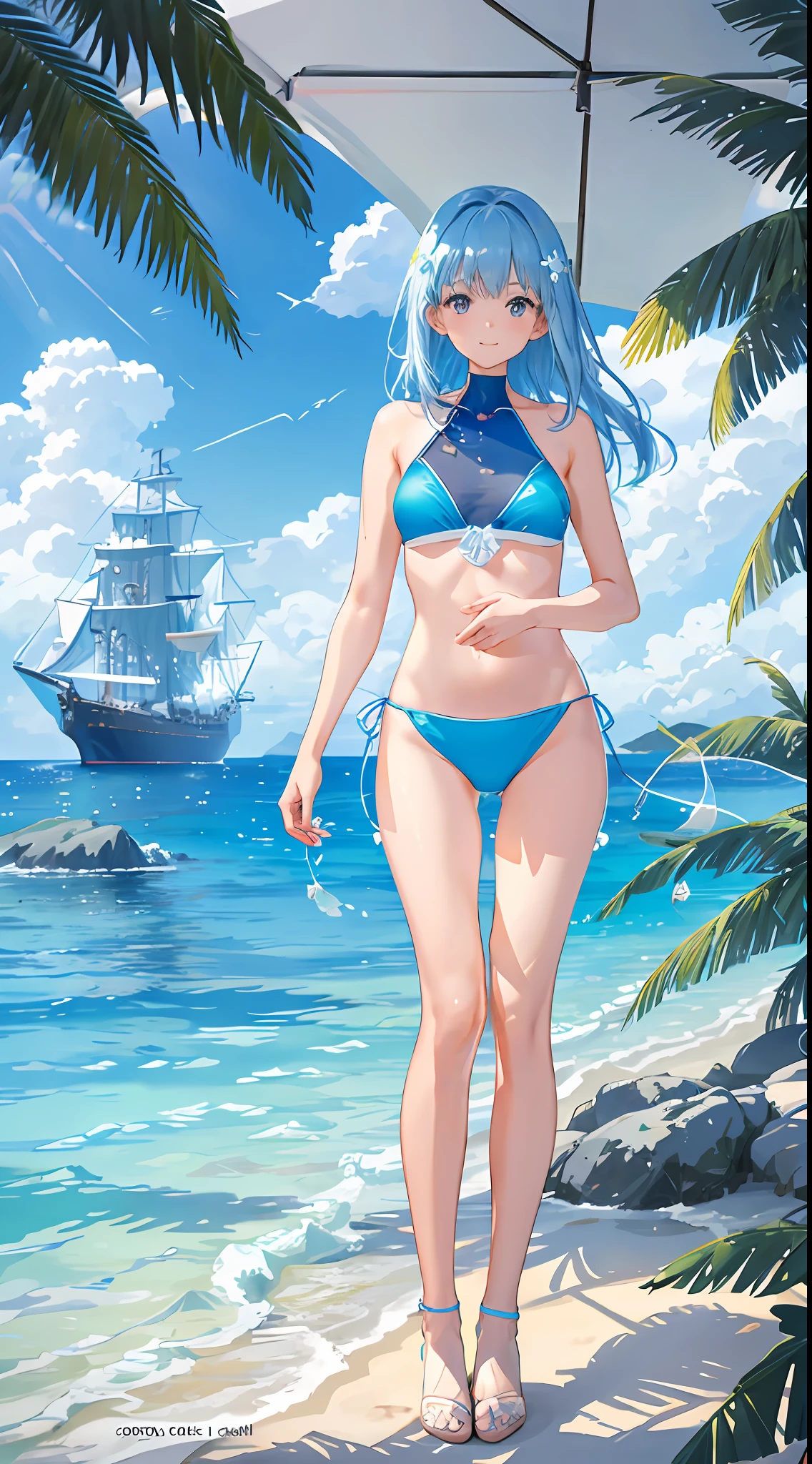 Summer, seaside, island, clear water, blue gradient water, transparent seawater, a ship floating on the sea, island, paradise, large clouds, blue sky, hot weather, HD detail, hyperdetail, cinematic, surrealism, soft light, deep field focus bokeh, distant view is snowy mountains, ray tracing, and surrealism