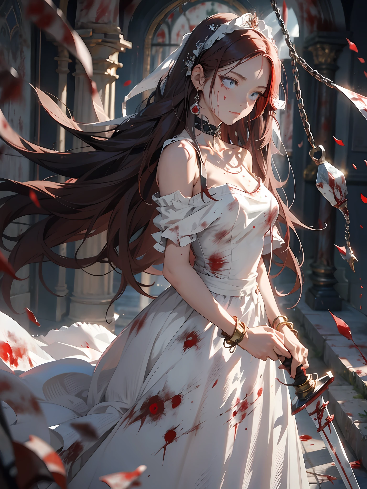 (masterpiece best quality:1.4), anime, 1girl, solo, black|red hair, long hair, sword, hands on hilt, weapon, white wedding dress, killing, laughing, crazy, blurry background, blurry, jewelry, long hair, solo focus, chain, bracelet, standing, bare shoulders, holding, floating rose petal, rose, blood, (bloodstain:1.5), long dress, choker, depth of field, soft lighting,