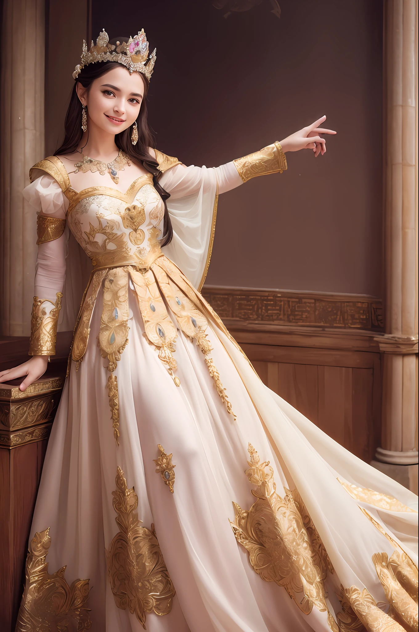 A beautiful girl, full body, queen's dress, crown, intricate armor, floral decoration, spelling, speaking, smile, behind arm, magic, power, d&d, soft edge light, spring, beautiful details sky, Adonna Khare, masterpiece, super high resolution, high quality, 4k, (realism: 1.2), photo,