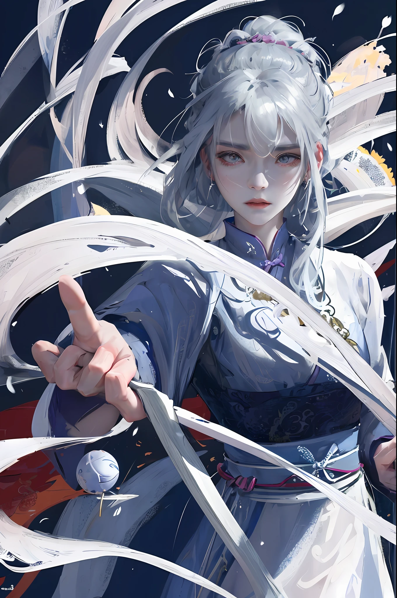 Masterpiece, Best, Night, Full Moon, 1 Female, Mature Woman, Chinese Style, Ancient China, Elder Sister, Royal Sister, Cold Face, Expressionless, Silver White Long Haired Woman, Pale Pink Lips, Calm, Intellectual, Three Belts, Gray Hitomi, assassin, dagger, flower ball background, street view
