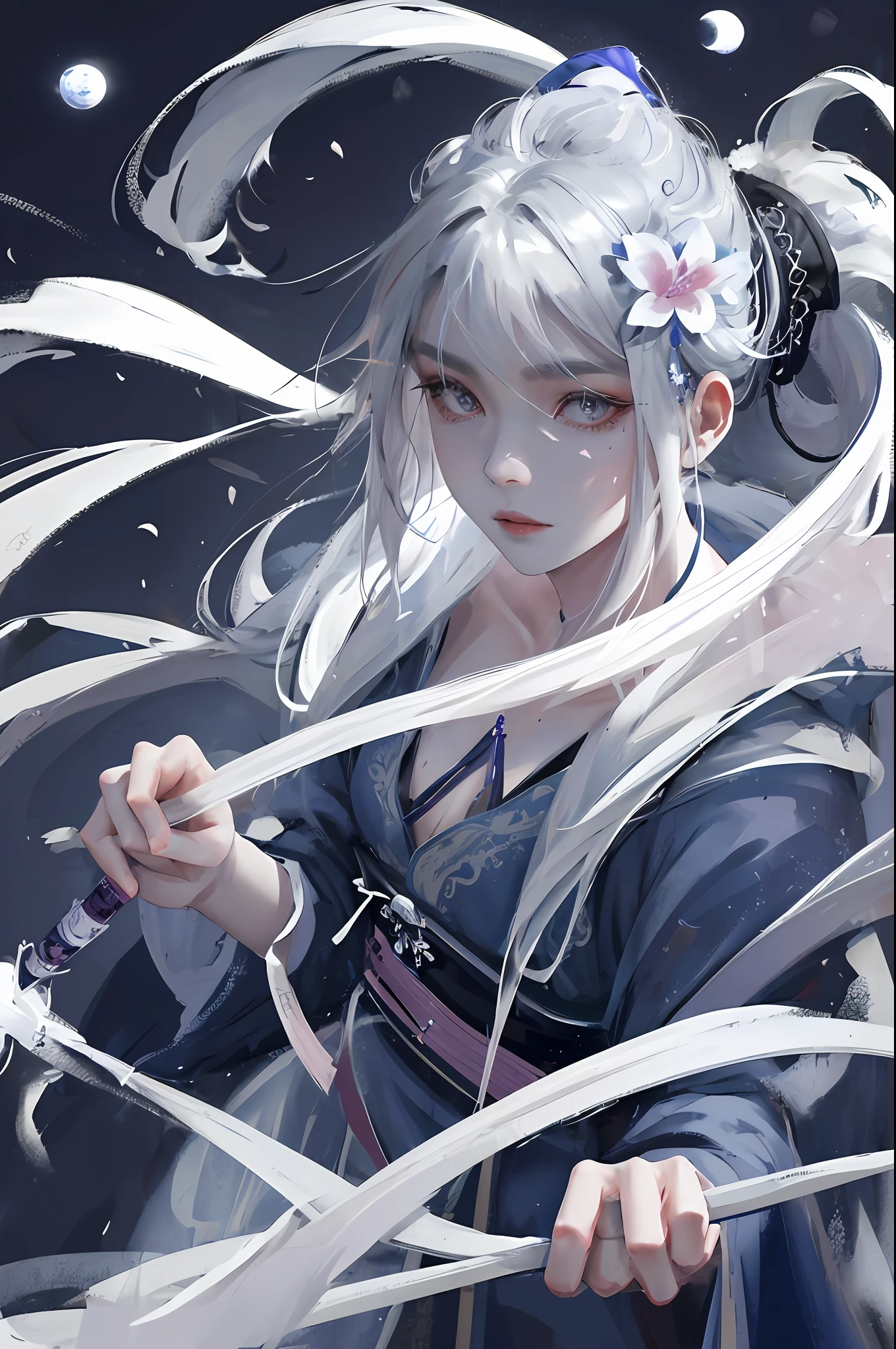 Masterpiece, Best, Night, Full Moon, 1 Female, Mature Woman, Chinese Style, Ancient China, Elder Sister, Royal Sister, Cold Face, Expressionless, Silver White Long Haired Woman, Pale Pink Lips, Calm, Intellectual, Three Belts, Gray Hitomi, assassin, dagger, flower ball background, street view