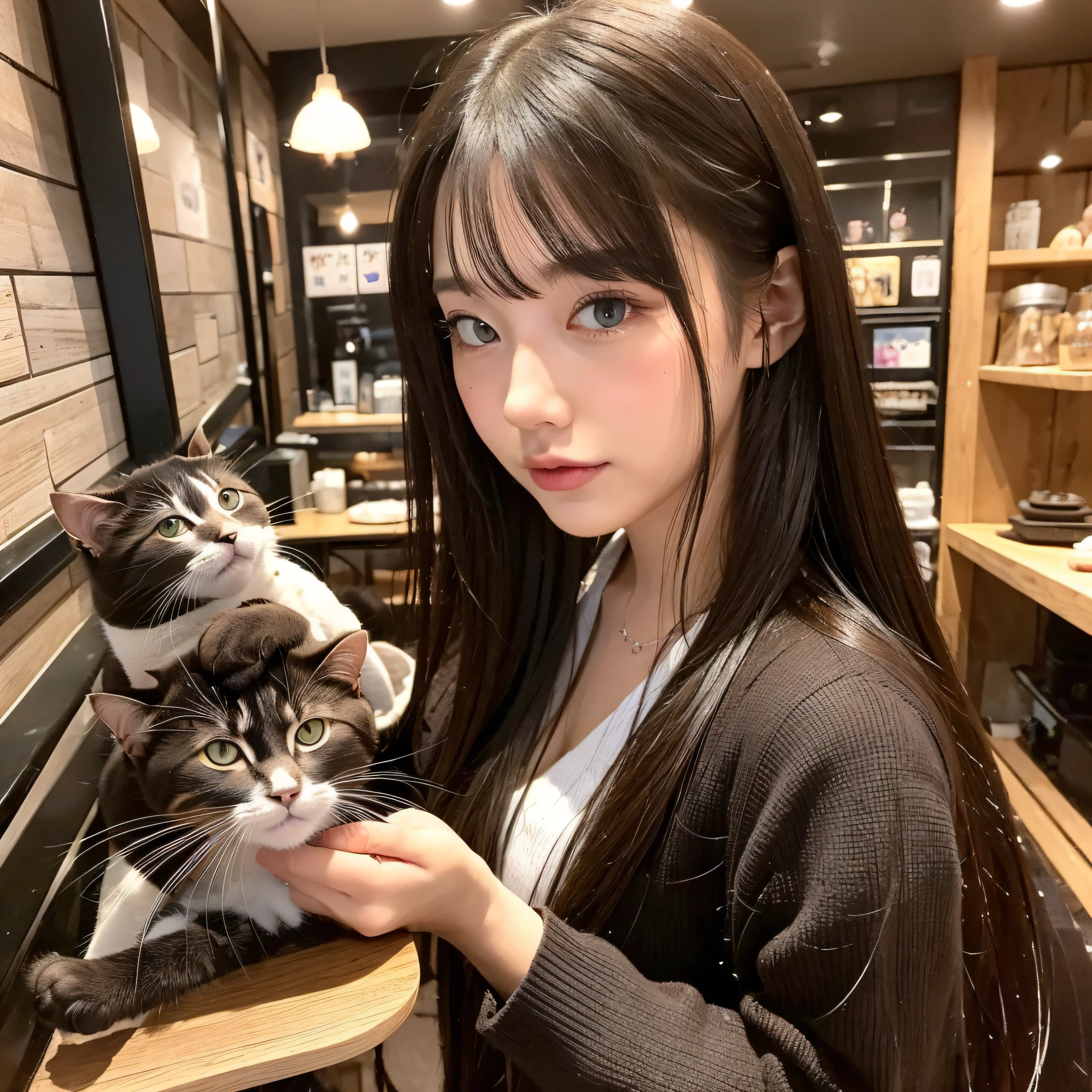 Japan. A cat cafe in Akihabara, Tokyo. A beautiful clerk with long hair. Top quality, masterpiece, ultra-high resolution --auto --s2