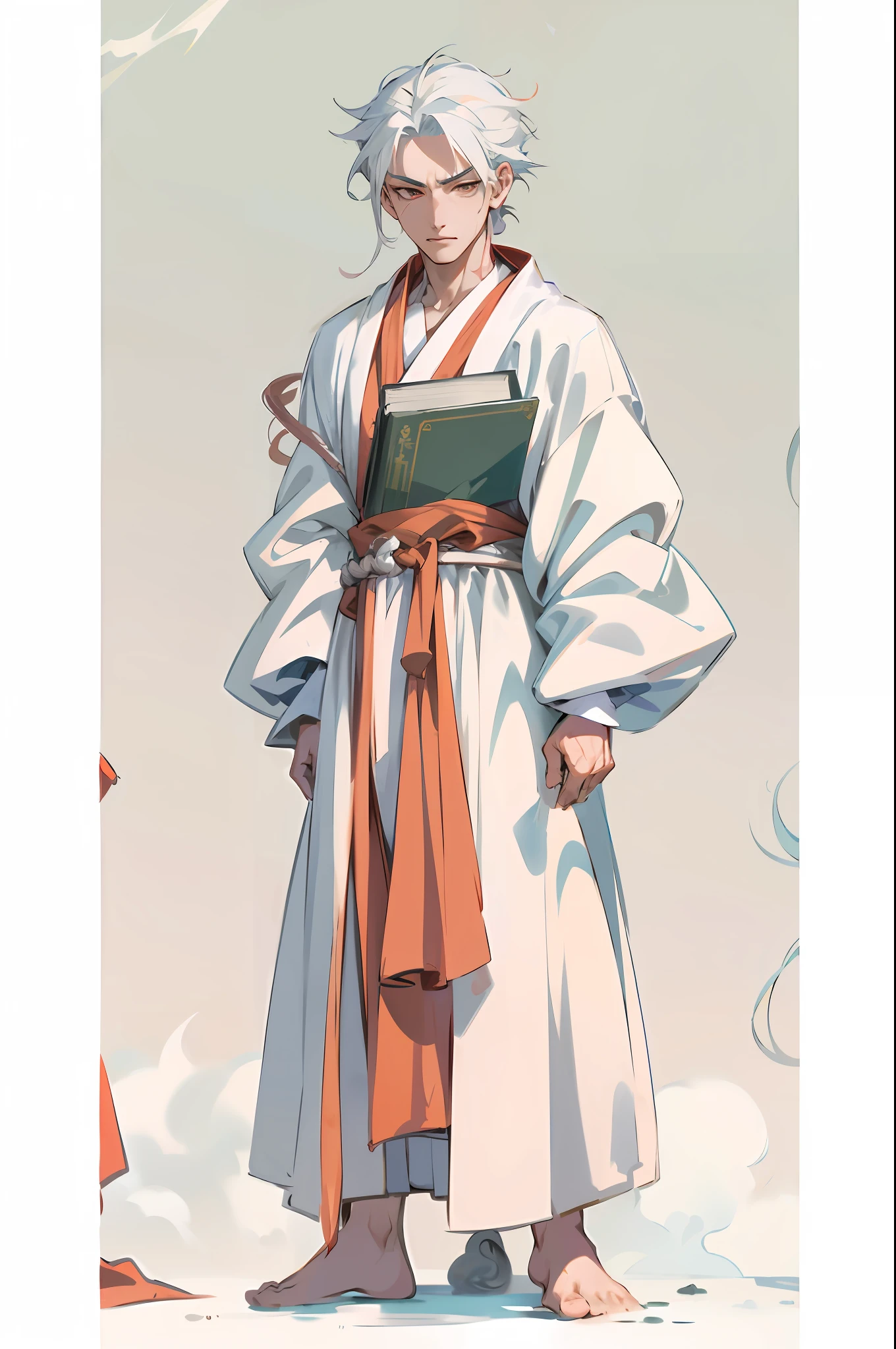 anime character with white hair and white robe holding a book, flowing hair and long robes, flowing white robes, wearing flowing robes, inspired by Cao Zhibai, heise jinyao, handsome guy in demon slayer art, sage ( valorant ), inspired by Wu Daozi, concept art of a monk, inspired by Bian Shoumin, long flowing white robe