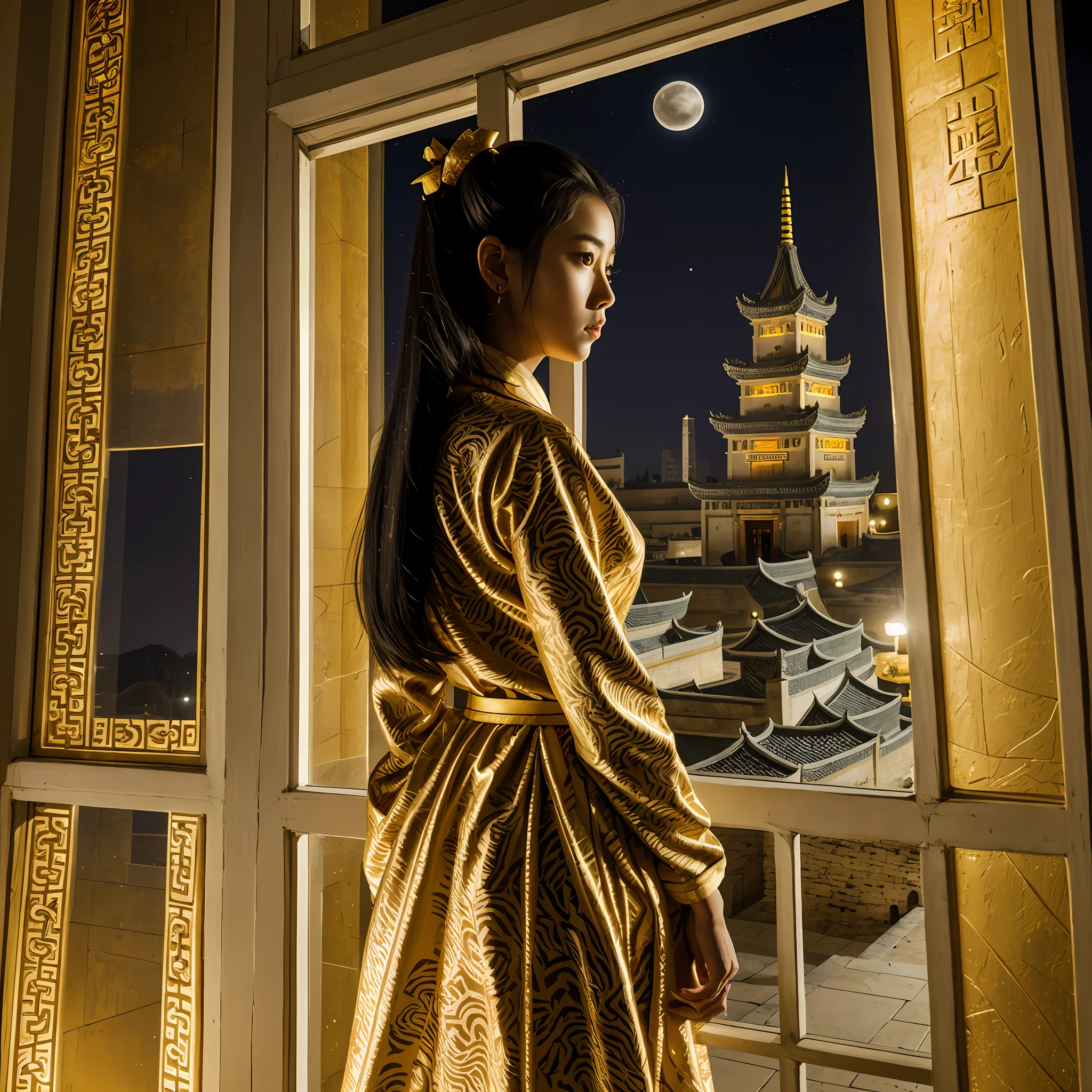 An 18-year-old beautiful woman stood inside the Yue King Tower, looking out the window, female black hair, tied hair, with delicate hair, wearing a black crewneck robe, a huge white tiger behind her, night, golden moon, illuminated ancient city --auto --s2