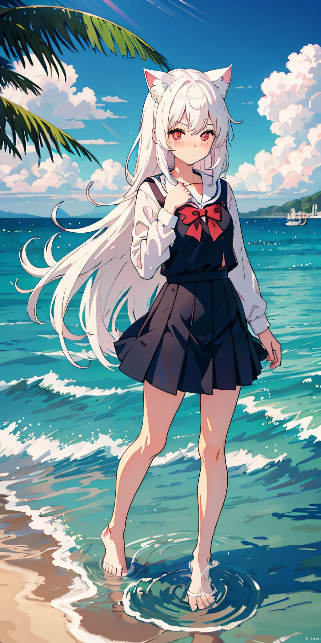 Anime girl with white hair and cat ears, red eyes, shy blush, wet school uniform, transparent cloth, water, seaside, beach, sunny, bare legs, standing