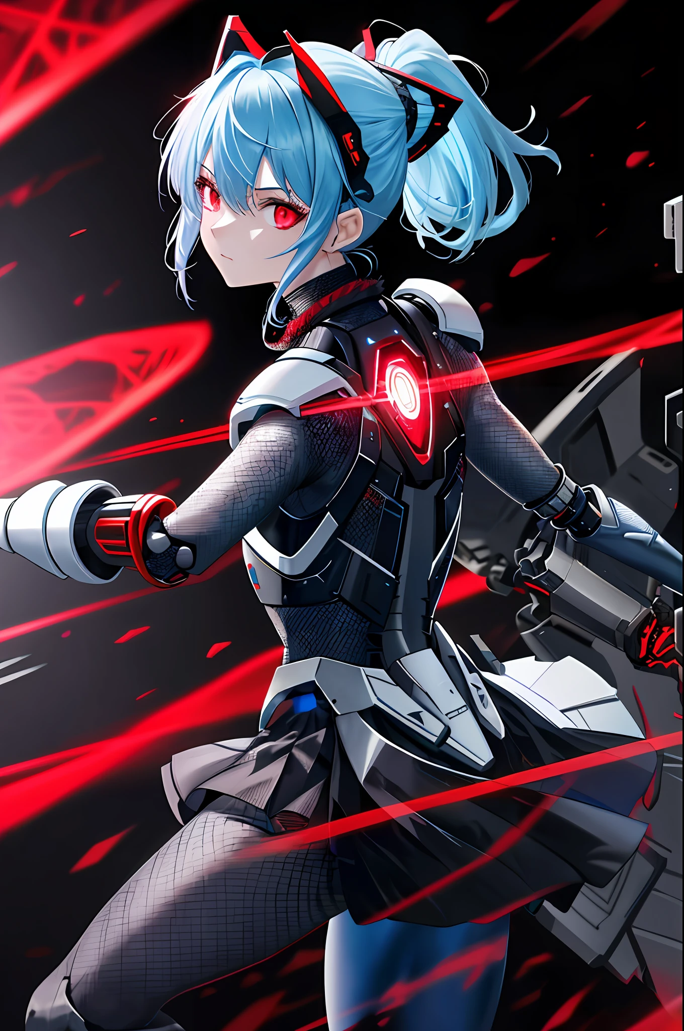 Absurd, very precise details, highly detailed 8K wallpaper, (transcendent beautiful girl: 1.5), break, light blue hair, ponytail, shoulder to back, from side, back focus, (exoskeleton spine:1.1), (mesh suit:1.4), (red glowing eyes: 1.1), break, (mechanical joints, mechanical limbs: 1.4), perfect five fingers, headgear, break, (dynamic angle: 1.5), red scarf wrapped around the neck , black miniskirt, battle scenes, holding knives, cyberpunk, devastated world,