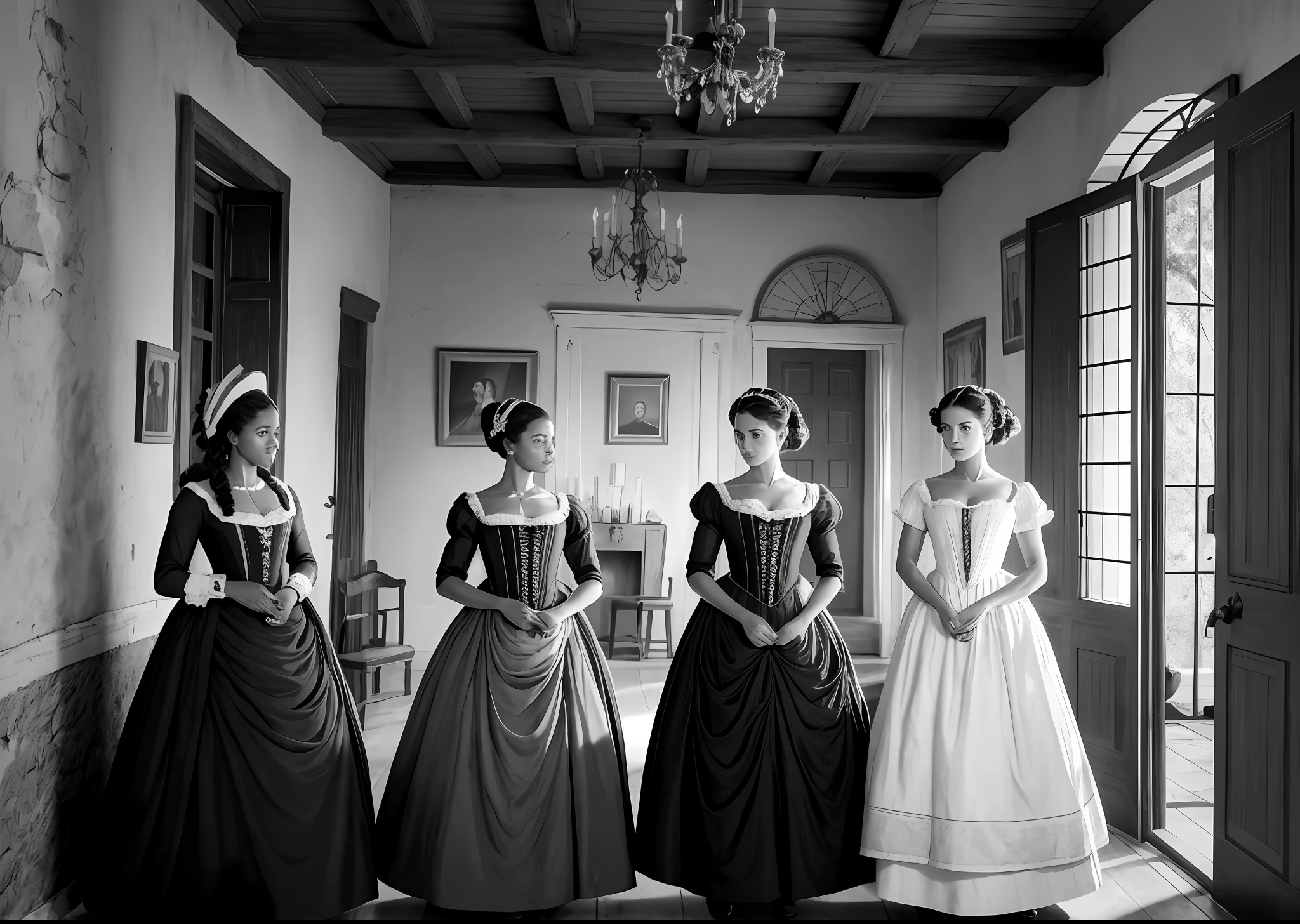 Realistic black and white image depicting a film production with actors, cameras and extras. The setting of the costumes are from the eighteenth century in a small town with colonial houses in the style Portuguese. The highlight is a very beautiful black actress with an expressive look in front of a camera. There are modern cameras. --auto --s2