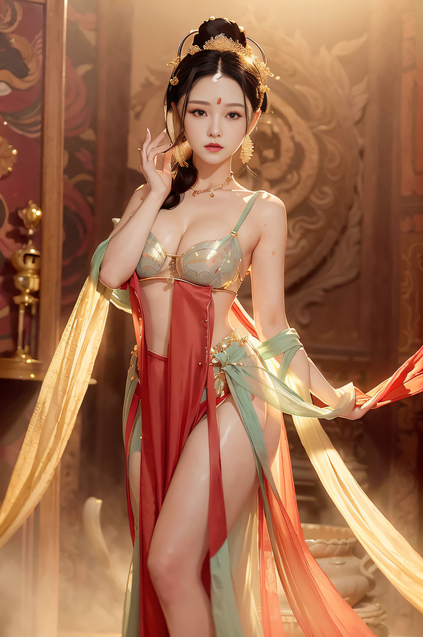 Very detailed CG unity 8k wallpaper, (masterpiece), (best quality), (ultra-detailed), (ultra-realistic), (best character detail: 1.36), Nikon d750 f/1.4 55mm, dynamic angle, professional lighting, photon mapping, radiosity, physically based rendering, blush, 1girl, mature woman,, golden ratio, (Kpop idol), (oil skin: 1.2), (oil skin: 1.1), makeup, [:(high Detailed face:1.2):0.2]:,PureErosFace_v1, ((curly black hair and delicate style)), (aegyo sal:1), (puffy eyes), (eyelashes: 1.1), (lips: 1.1), red lipstick, wide shoulders, (big breasts: 1.1), (cleavage: 1.1), sexy, drenched, bare shoulders, bare belly, (big ass: 1.2), bare legs, transparent silk gauze skirt, naked, see-through, Song dynasty, Song clothing , hyper-realistic photo, naked, standing, buttock-baring, transparent, Guanyin, Buddha light,