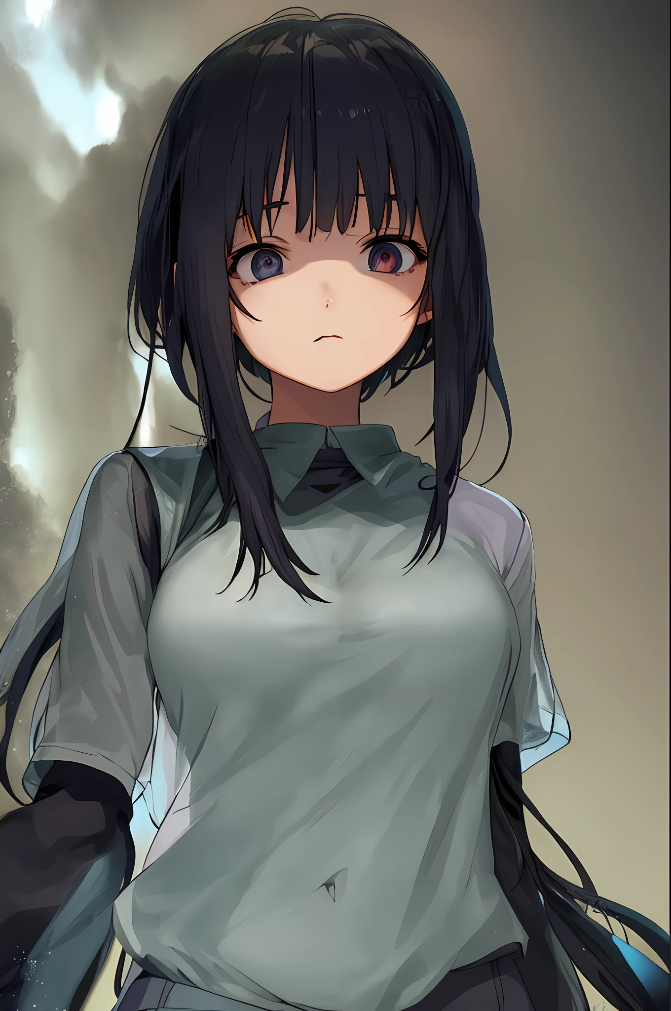 Anime girl, uncomfortable face, looking down, unobtrusive eyes, see-through