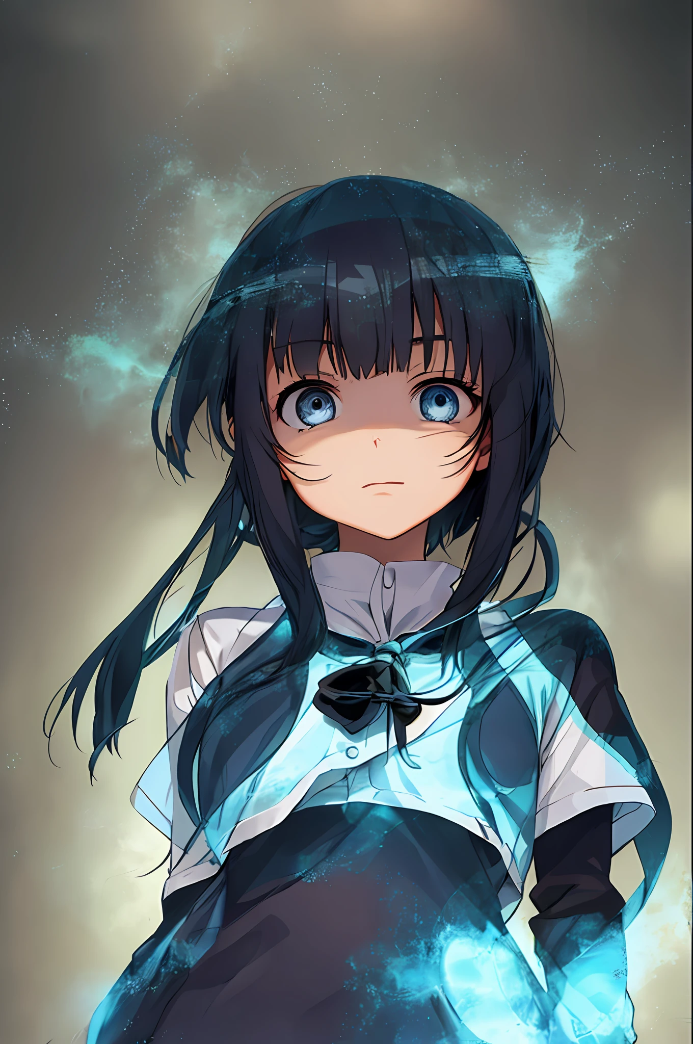 Anime girl, uncomfortable face, looking down, unobtrusive eyes, see-through
