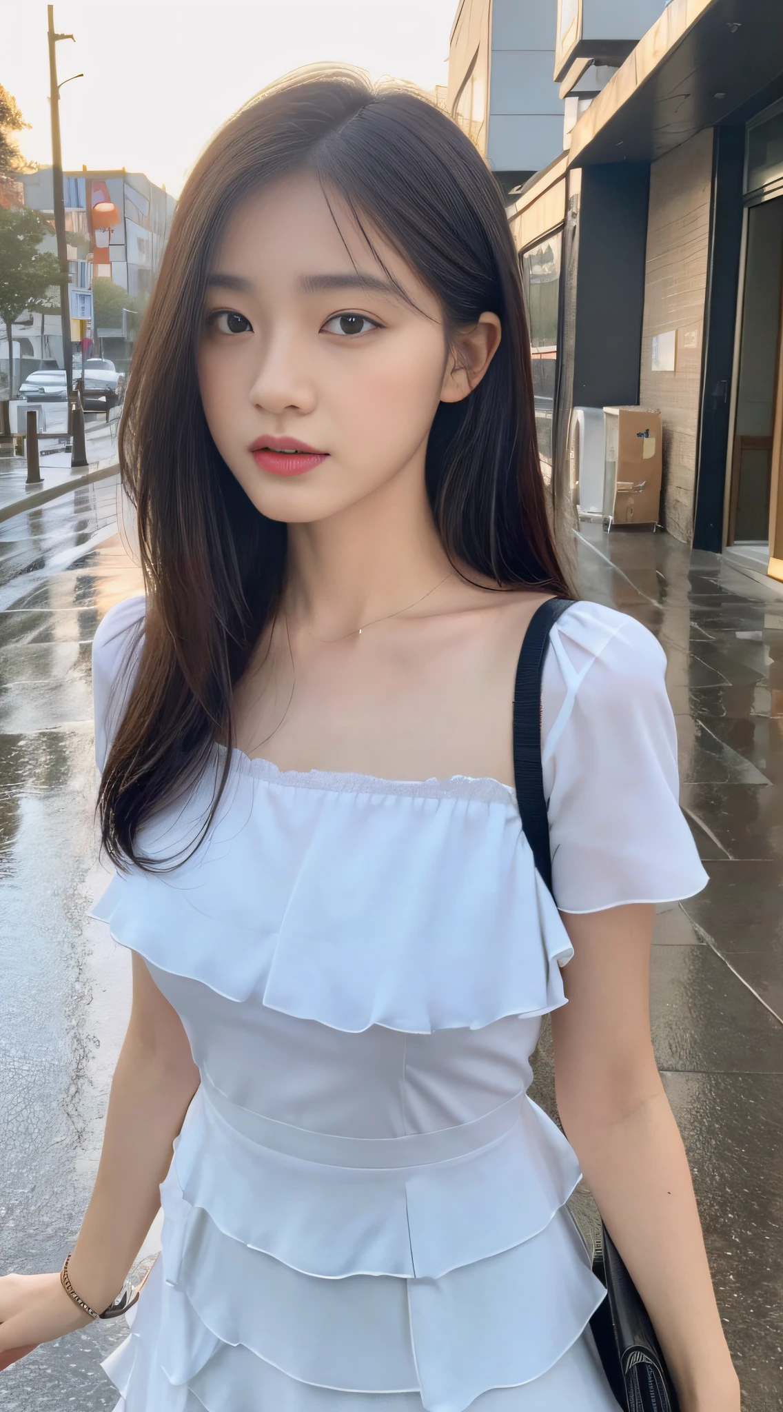 ((Best Quality, 8K, Masterpiece:1.3)), Focus: 1.2, Perfect Body Beauty: 1.4, Buttocks: 1.2, ((Layered Haircut, Breasts: 1.2)), (Wet Clothes: 1.1) , (Rain, Street:1.3), Bandeau Dress: 1.1, Highly Detailed Face and Skin Texture, Delicate Eyes, Double Eyelids, Whitened Skin, Long Hair