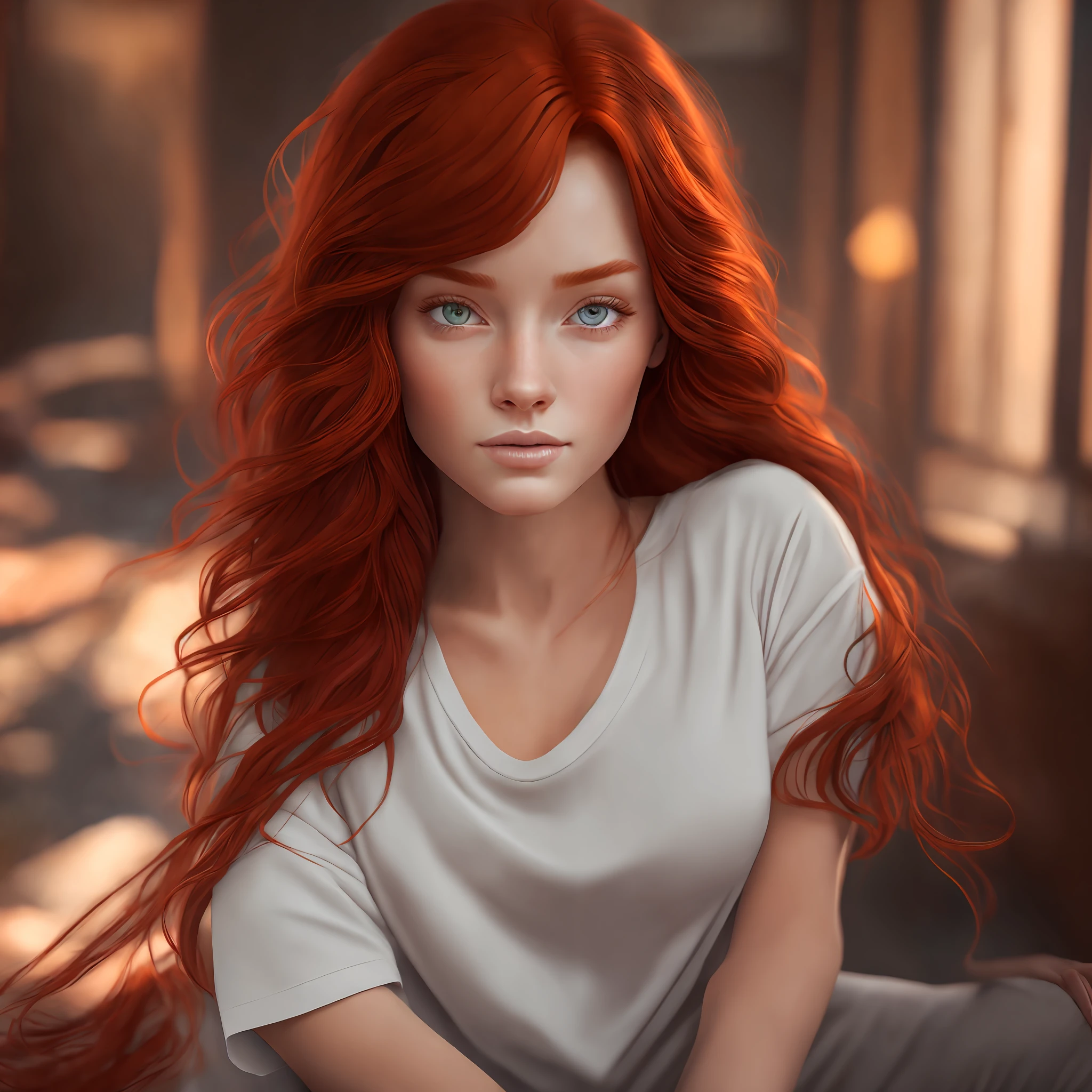 (masterpiece), best quality, expressive eyes, perfect face, a female, medium red hair, wearing t-shirtand sweatpants, first-person view, Fujifilm, f/1.8, ray tracing, blending, UHD, retina, 16k --auto --s2