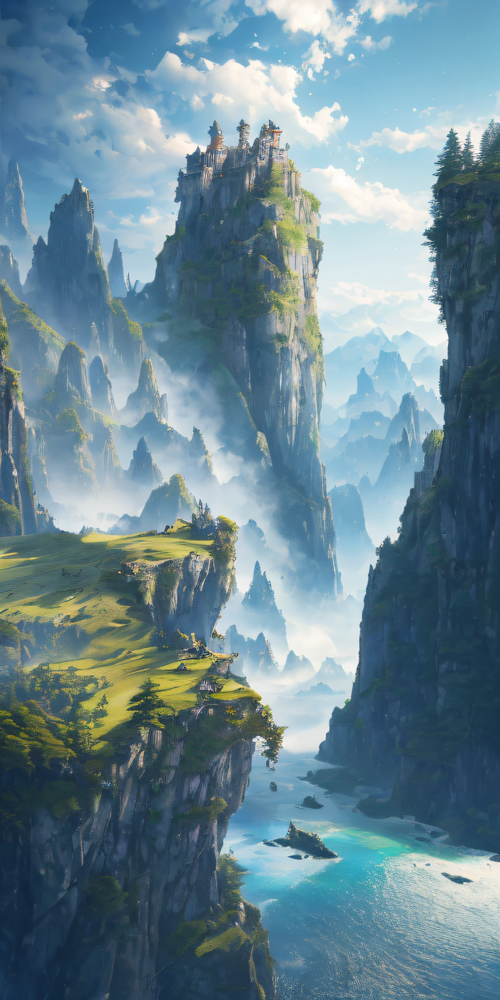 Masterpiece, best quality, high quality, extremely detailed CG unity 8k wallpaper, landscape, outdoor, sky, cloud, sky, no humans, mountain, landscape, water, tree, blue sky, waterfall, cliff, nature, lake, river , cloudy skies, award winning photography, bokeh, depth of field, HDR, bloom, chromatic aberration, photorealism, very detailed, trending on artstation, trending on CGsociety, intricate, high detail, dramatic, midjourney art