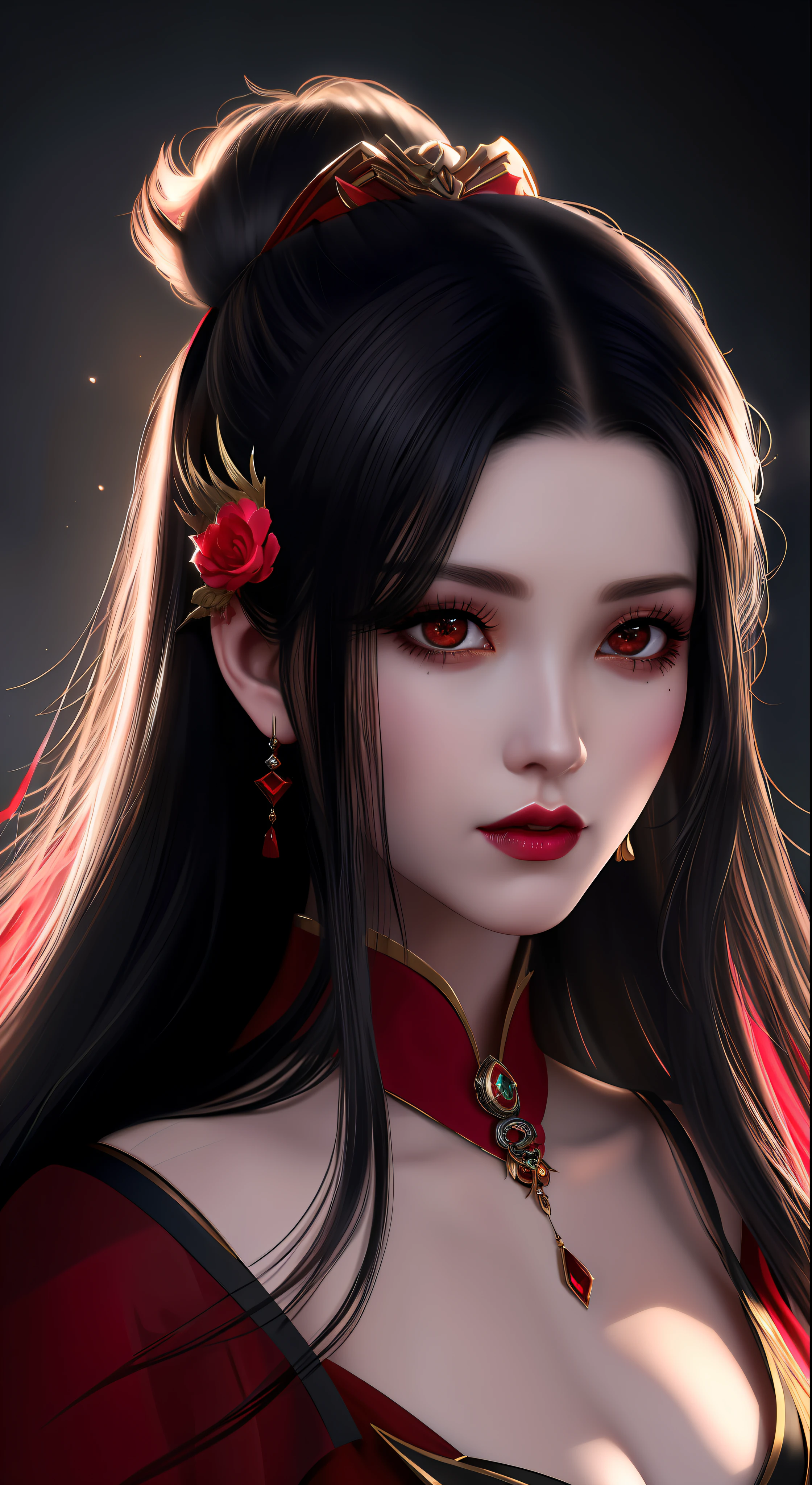 best quality, masterpiece, highres, 1girl, hanfu, lingerie china, hair ornament, necklace, jewelry, Beautiful face, upon_body, tyndall effect, photorealistic, dark studio, rim lighting, two tone lighting, (high detailed skin:1.2), 8k uhd, dslr, soft lighting, high quality, volumetric lighting, candid, Photograph, high resolution, 4k, 8k, Bokeh, (light pink lips), 1 beautiful devil woman from hell, In the Dark: 1.6), surreal female portrait by David Hockney and Alphonse Mucha, fantasy art, photorealism, dynamic lighting, artstation, poster, volumetric lighting, very detailed faces, 8k ultra, Awarded, in the dark, deep shadow, low key, cowboy lens, (Red phoenix dress: 1.4), long hair, black hair, bust, luxurious palace, Royal style, devil crown, red eyes make up very sharp and detailed, The most beautiful face, The breasts are very big and round and round, Super realistic, chinese women's clothing, polo neck sweater, Charming smile, The eyes are very well made up, guweiz, devil style, wearing black mesh socks, Ponytail with a bow tied at the back of the hair, Red black lips, Devil tattoo on shoulder, wearing a thin red and black, robe, the landscape is overcast and thunderous, (Portrait), Close-up of the main character, (Background details 1.8),