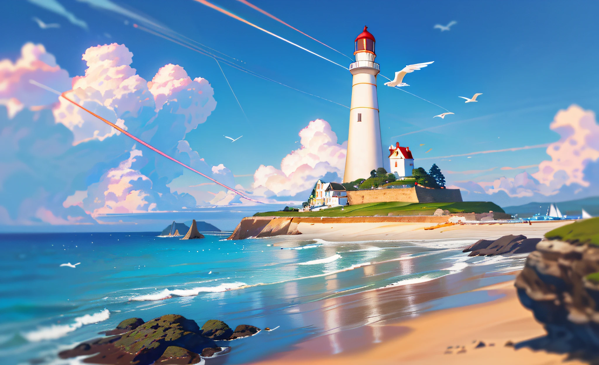 (masterpiece, best quality: 1.1), wide angle, from below, (white cliff), mountain, blue ocean, low tide, waves, rocky beach, trajectory, seagull, horizon, breeze, summer, morning, clear sky, clouds, calm, fresh air, sailboat, lighthouse, depth of field