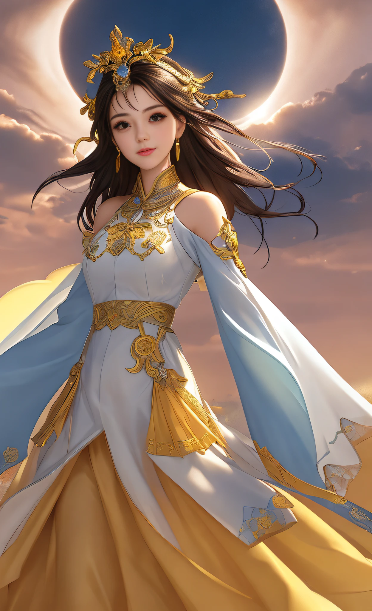 A girl, ancient Chinese costume, whole body, sunshine, clear face, clean white background, masterpiece, super detail, epic composition, ultra HD, high quality, extremely detailed, official art, uniform 8k wallpaper, super detail, 32k