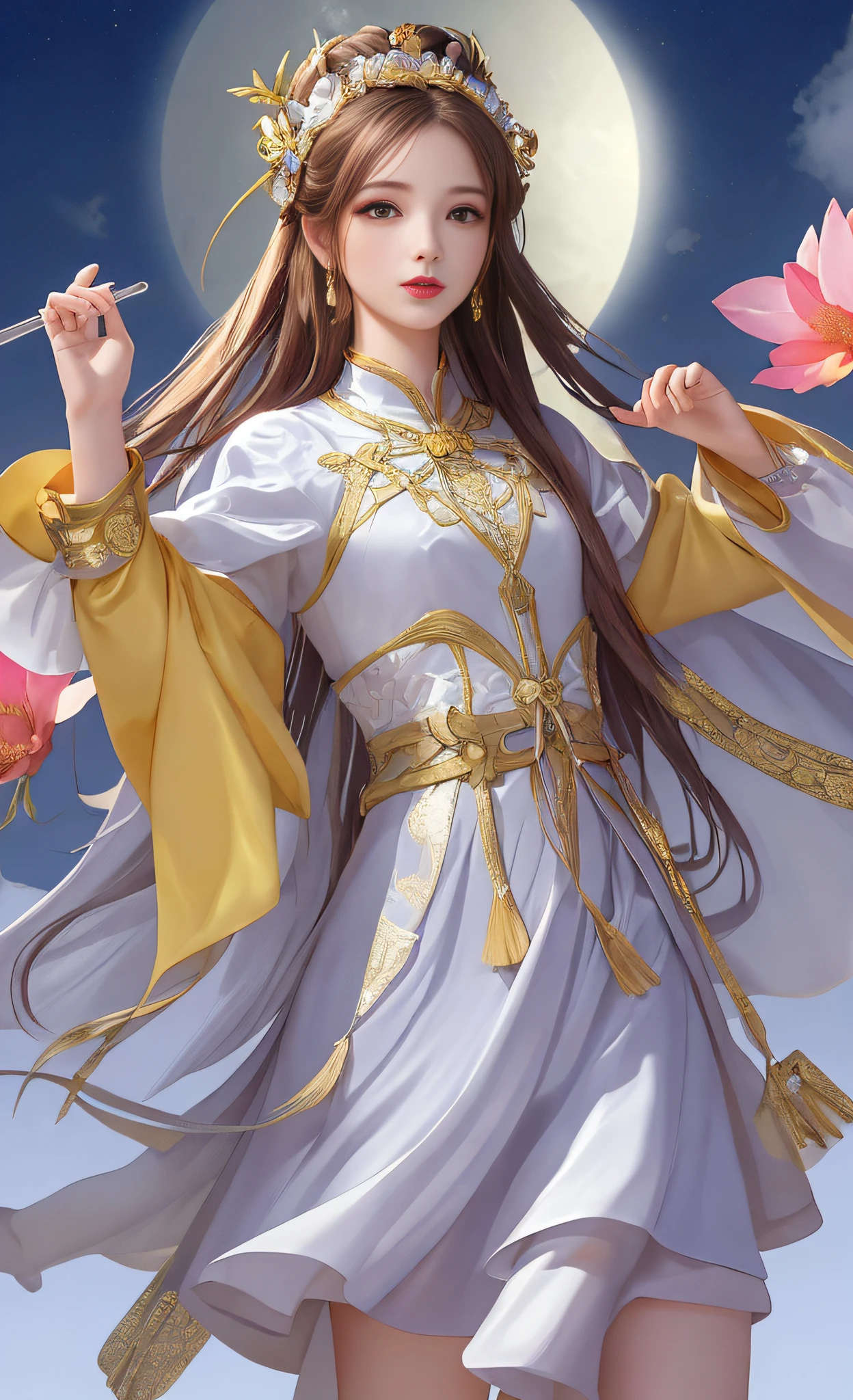 A girl, ancient Chinese costume, whole body, sunshine, clear face, clean white background, masterpiece, super detail, epic composition, ultra HD, high quality, extremely detailed, official art, uniform 8k wallpaper, super detail, 32k