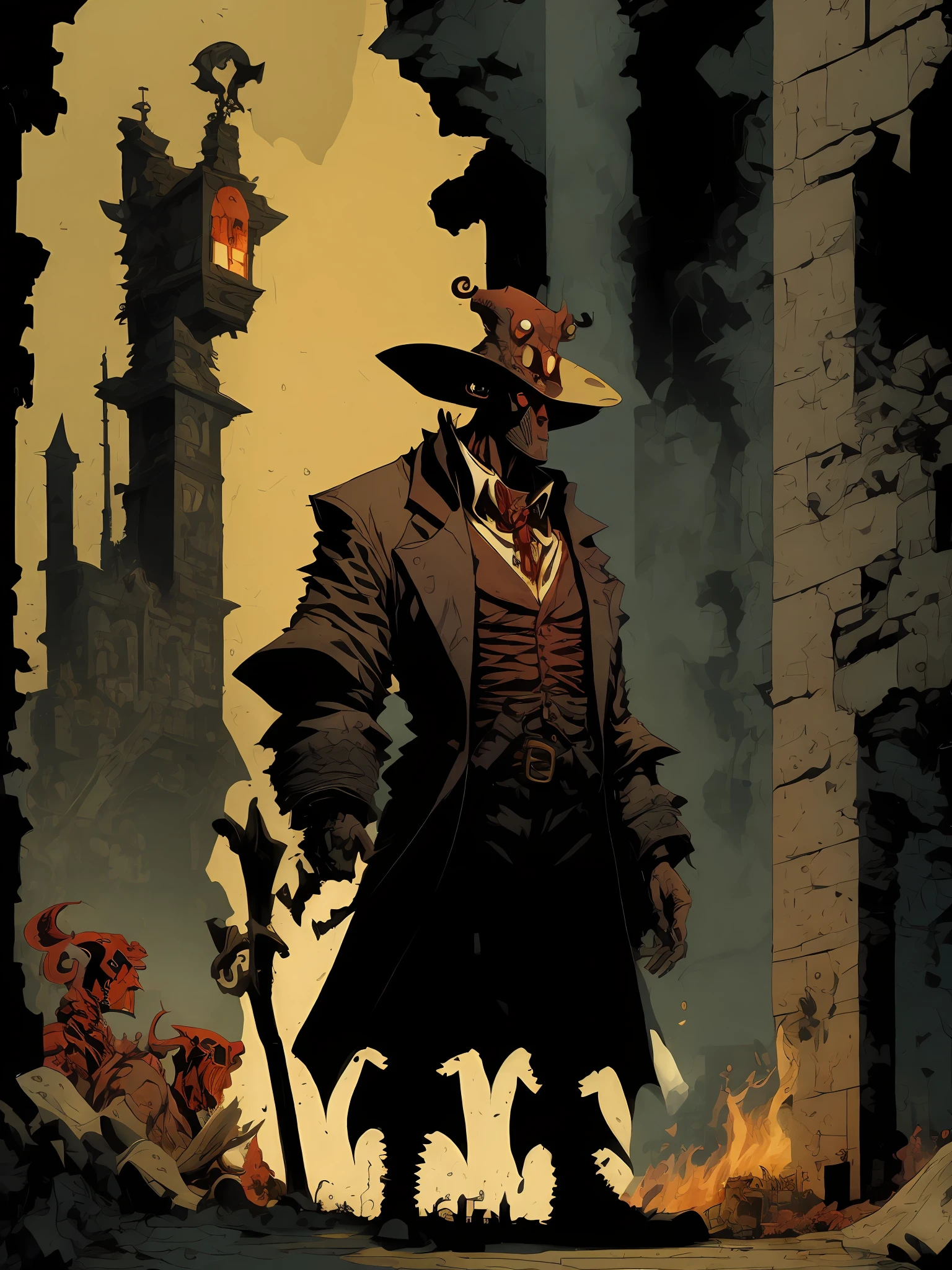 an illustration of a man with a large hat and a building in the background by Mike Mignola