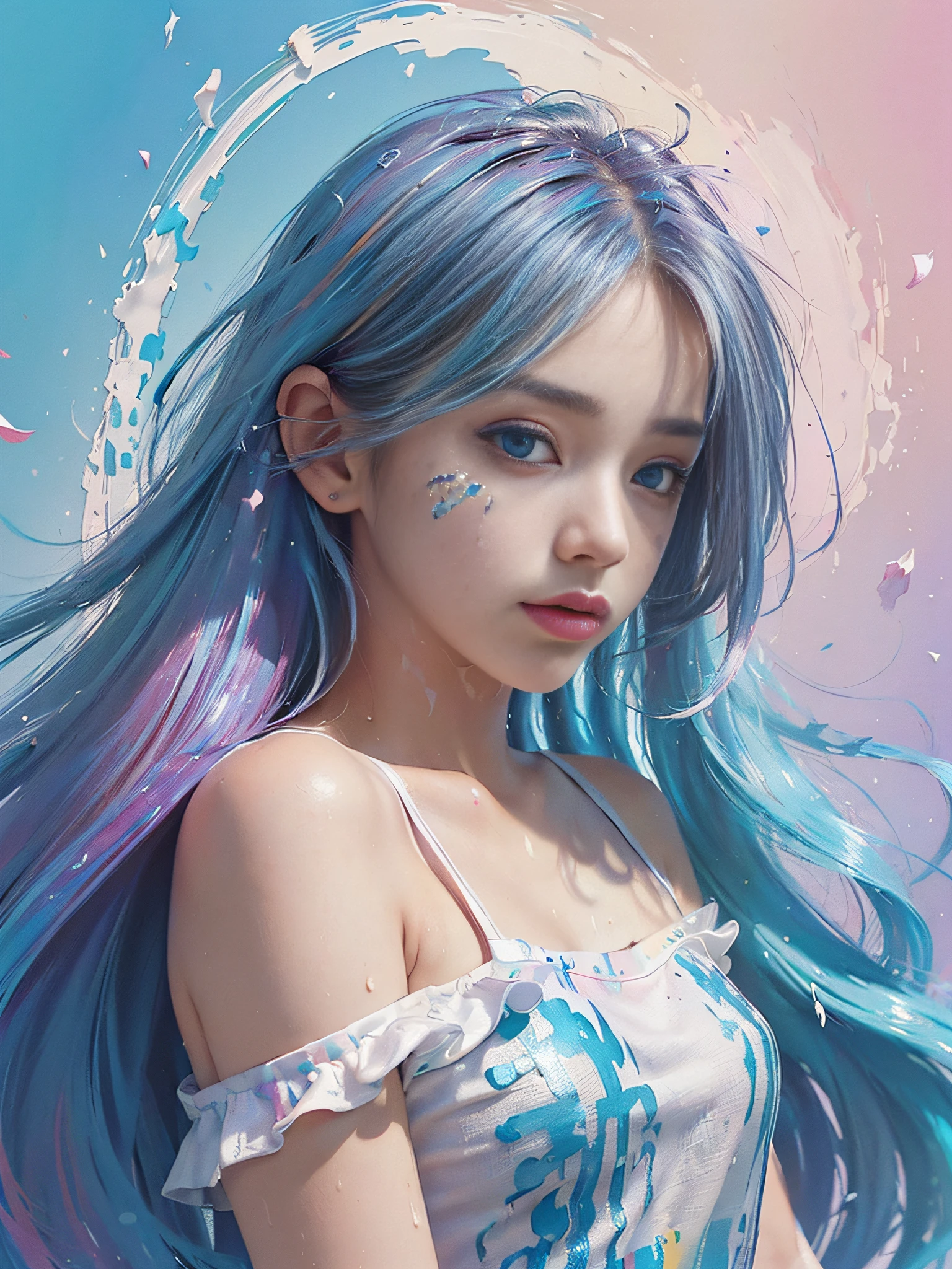 (Pink Fashion T-shirt:1.9),(Colorful hair: 1.8), (all the colours of the rainbow: 1.8),(((((vertical painting:1.6))), (painting:1.6),front, comics, illustrations, paintings, large eyes, crystal clear eyes,( rainbow color gradient high ponytail:1.7), exquisite makeup, closed mouth,(Small Fresh: 1.5),(Wipe Chest: 1.6) ,long eyelashes, white off shoulder T-shirt, White Shoulder Shirt,looking at the audience, large watery eyes, (rainbow colored hair:1.6), color splash, (solo:1.8), color splash, color explosion, thick paint style, messy lines, ((shining)),(colorful), (colorful), (colorful), colorful, Thick Paint Style, (Splash) (Color Splash), Vertical Painting, Upper Body, Paint Splash, Acrylic Pigment, Gradient, Paint, Highest Image Quality, Highest Quality, Masterpiece, Solo, Depth of Field, Face Paint, colorful clothes, (Elegant: 1.2), gorgeous,long hair, wind, (Elegant: 1.3), (Petals: 1.4),(((masterpiece))),(((best quality))),((ultra-detailed)),(illustration),(dynamic angle),((floating)),(paint),((disheveled hair)),(solo),(1girl) , (((detailed anima face))),((beautiful detailed face)),collar,bare shoulders,white hair, ((colorful hair)),((streaked hair)),beautiful detailed eyes,(Gradient color eyes),(((colorful eyes))),(((colorful background))),(((high saturation))),(((surrounded by colorful splashes))),