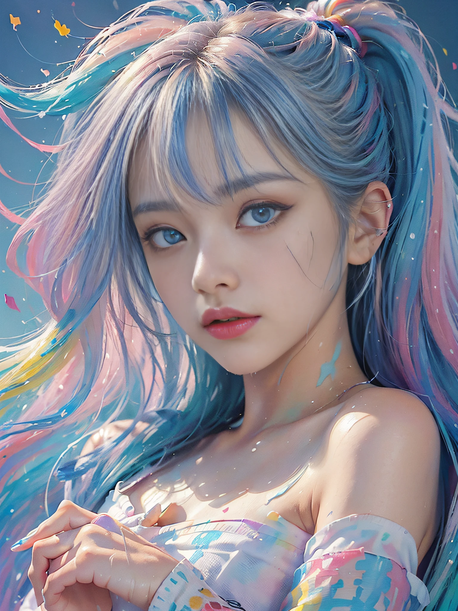 (Pink Fashion T-shirt:1.9),(Colorful hair: 1.8), (all the colours of the rainbow: 1.8),(((((vertical painting:1.6))), (painting:1.6),front, comics, illustrations, paintings, large eyes, crystal clear eyes,( rainbow color gradient high ponytail:1.7), exquisite makeup, closed mouth,(Small Fresh: 1.5),(Wipe Chest: 1.6) ,long eyelashes, white off shoulder T-shirt, White Shoulder Shirt,looking at the audience, large watery eyes, (rainbow colored hair:1.6), color splash, (solo:1.8), color splash, color explosion, thick paint style, messy lines, ((shining)),(colorful), (colorful), (colorful), colorful, Thick Paint Style, (Splash) (Color Splash), Vertical Painting, Upper Body, Paint Splash, Acrylic Pigment, Gradient, Paint, Highest Image Quality, Highest Quality, Masterpiece, Solo, Depth of Field, Face Paint, colorful clothes, (Elegant: 1.2), gorgeous,long hair, wind, (Elegant: 1.3), (Petals: 1.4),(((masterpiece))),(((best quality))),((ultra-detailed)),(illustration),(dynamic angle),((floating)),(paint),((disheveled hair)),(solo),(1girl) , (((detailed anima face))),((beautiful detailed face)),collar,bare shoulders,white hair, ((colorful hair)),((streaked hair)),beautiful detailed eyes,(Gradient color eyes),(((colorful eyes))),(((colorful background))),(((high saturation))),(((surrounded by colorful splashes))),