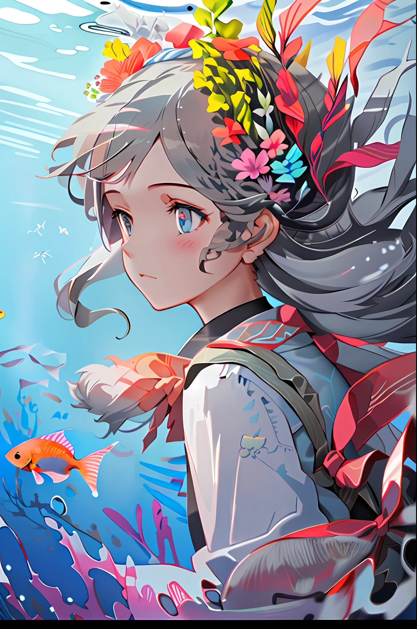 1 girl, solo, fish, blue eyes, letterbox, long hair, blush, goldfish, gray hair, silhouette, floating hair, cinema shot, dynamic pose, bangs, hair accessory, underwater, flower, hair flower, looking at the distance, from the side, all body