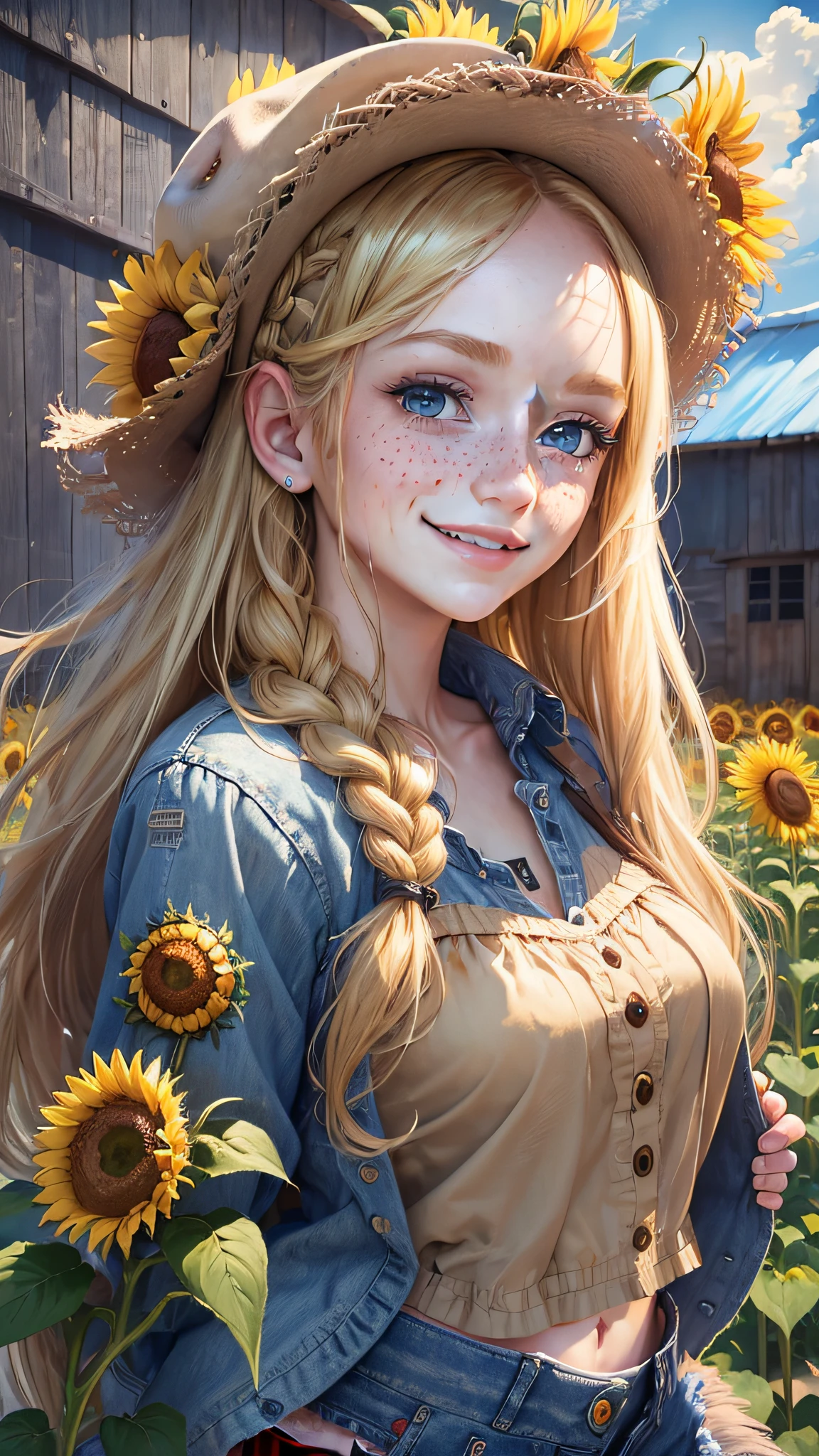 (masterpiece:1.5),(bestquality),ultra-detailed,(1girl),(longblondehair),(detailedeyes),(shineblueeyes),(freckles),(smile),(strawhat),(plaidshirt),(jeanshorts),(boots),(sunflower:1.2),greenfield,barn,fence,(sunlight:1.2),clouds,(bird:0.8)