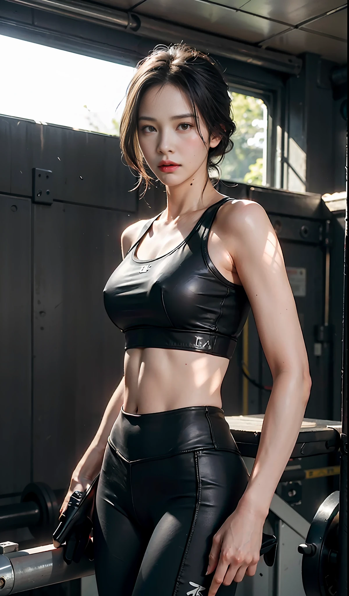 (8k, RAW photo, best quality, masterpiece: 1.2), (realistic, photo fidelity: 1.37), 1girl, professional lighting, photon mapping, radiosity, Keanu Reeves, The Matrix, sunglasses, leggings, gym,