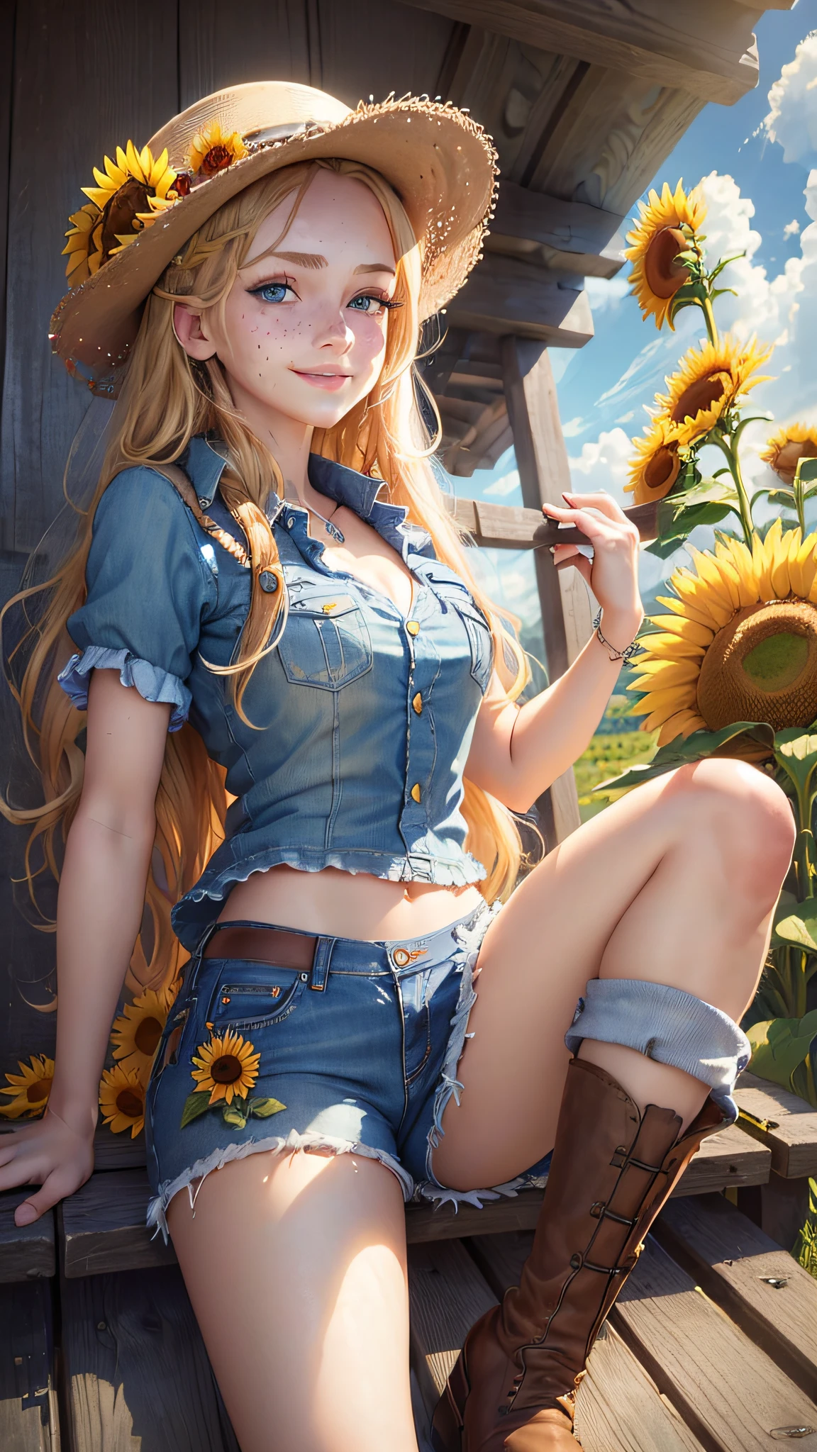 (masterpiece:1.5),(bestquality),ultra-detailed,(1girl),(longblondehair),(detailedeyes),(shineblueeyes),(freckles),(smile),(strawhat),(plaidshirt),(jeanshorts),(boots),(sunflower:1.2),greenfield,barn,fence,(sunlight:1.2),clouds,(bird:0.8)