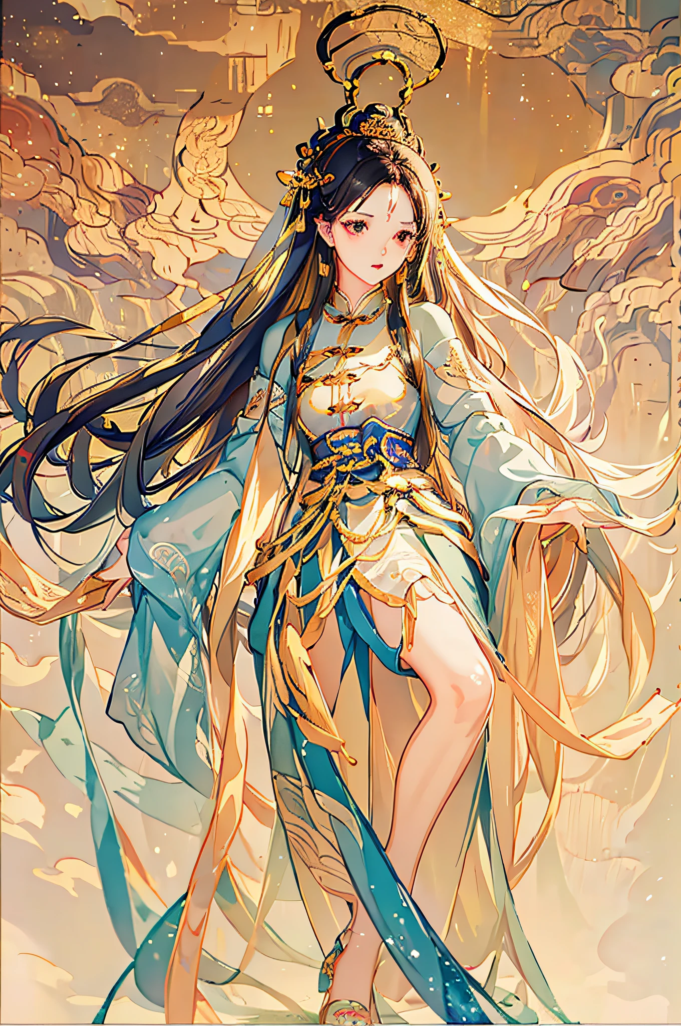 (Realistic, Portrait: 1.3), Intricate Detail, Full Body, Medium and Long Range, Painting, Chinese Style, White Fluttering, 1girl, Solo, Long Hair, Wind, Gorgeous Face, Best Quality, Masterpiece, Maximum Detail, Diffuse Lighting, (Brunet: 1.3) Center Composition, Poster Design