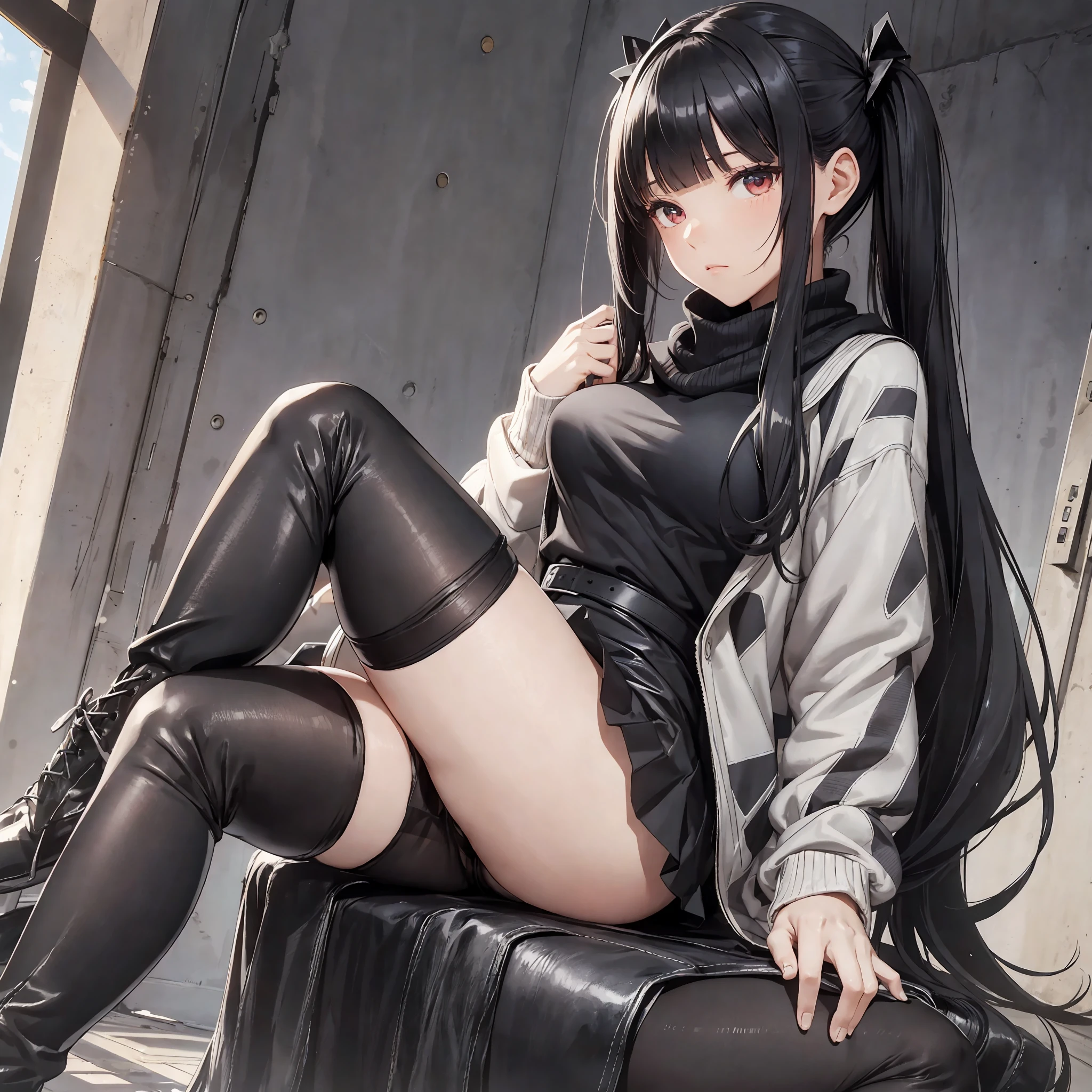 full body, wide shot, dynamic angle, absurdres,original,extremely delicate and beautiful,beautiful detailed eyes and face,1girl, sitting, crossed legs, black_hair, twintails,  looking_at_viewer, solo,(masterpiece:1.4),(best quality:1.4), sweater, open jacket, pencil skirt, scarf, medium breasts, red eyes, very long hair, (black pantyhose:1.2), blunt bangs, black leather thigh boots, sugar_botz, --auto --s2