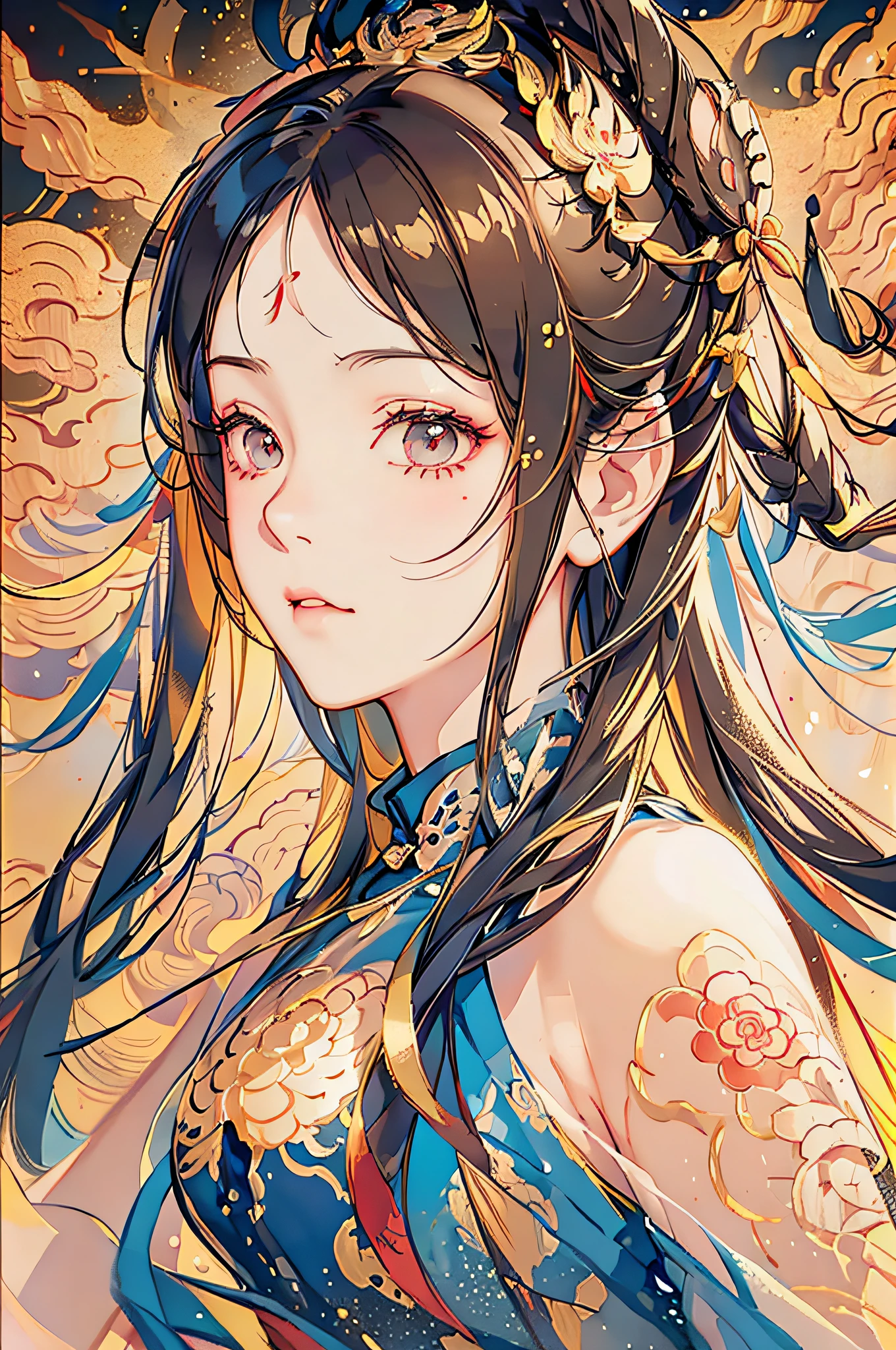 (Realistic, Portrait: 1.3), Intricate Detail, Full Body, Medium and Long Range, Painting, Chinese Style, White Fluttering, 1girl, Solo, Long Hair, Wind, Gorgeous Face, Best Quality, Masterpiece, Maximum Detail, Diffuse Lighting, (Brunet: 1.3) Center Composition, Poster Design