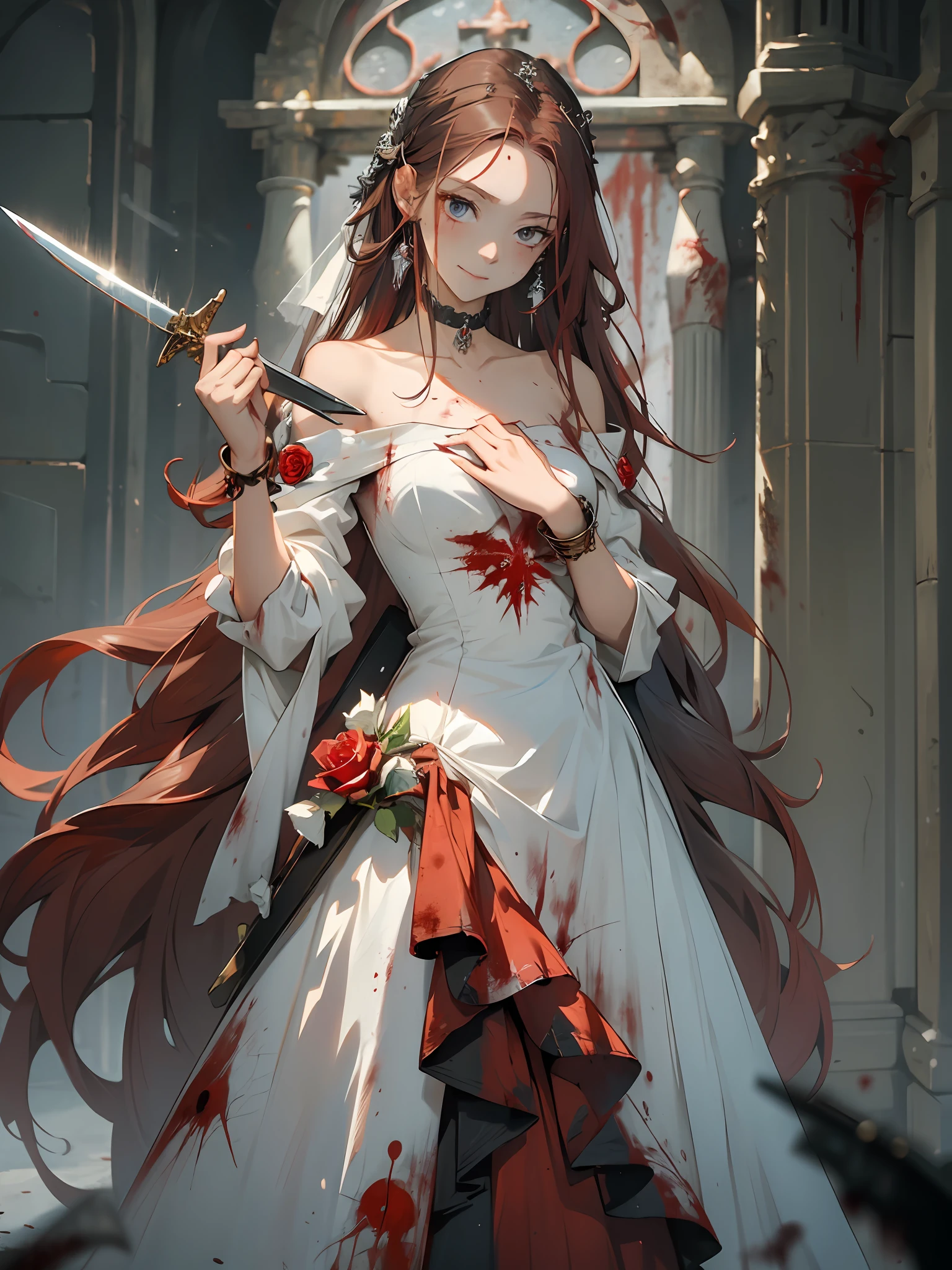 (masterpiece best quality:1.4), anime, 1girl, solo, black|red hair, long hair, sword, hands on hilt, weapon, white wedding dress, killing, laughing, crazy, blurry background, blurry, jewelry, long hair, solo focus, chain, bracelet, standing, bare shoulders, holding, floating rose petal, rose, blood, (bloodstain:1.5), long dress, choker, depth of field, soft lighting,