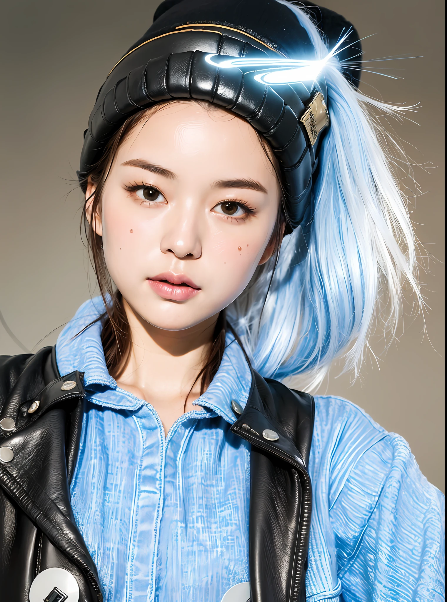(
(8k:1.27), best quality, masterpiece, ultra highres:1.2) Photo of Pretty Japanese woman
(beautiful:1.1) (sci-fi warrior woman:1.1) space soldier, (beanie:1.61) (leather jacket:1.21) intricate elegant, fantasy, detailed, ometric by greg rutkowski and alphonse mucha, gradient lighting