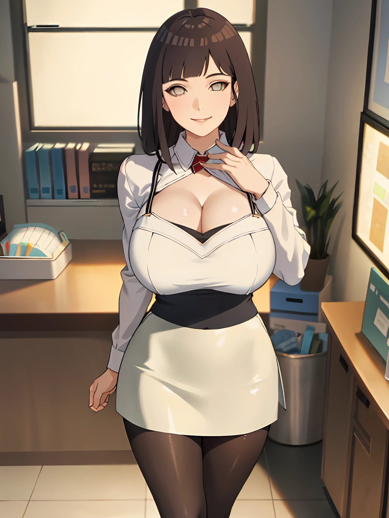 ((Masterpiece, Excellent)), (1girl), ((MILF)), Brunette ((Office Lady)), Bangs, Bursting Tits, (Busty), Slim, Smile, [Wide Buttocks], Office, Standing, Thin Waist, Tight Skirt, Stockings, Cleavage, Seductive, Working Women, Professional Attire, Hands on the Back,