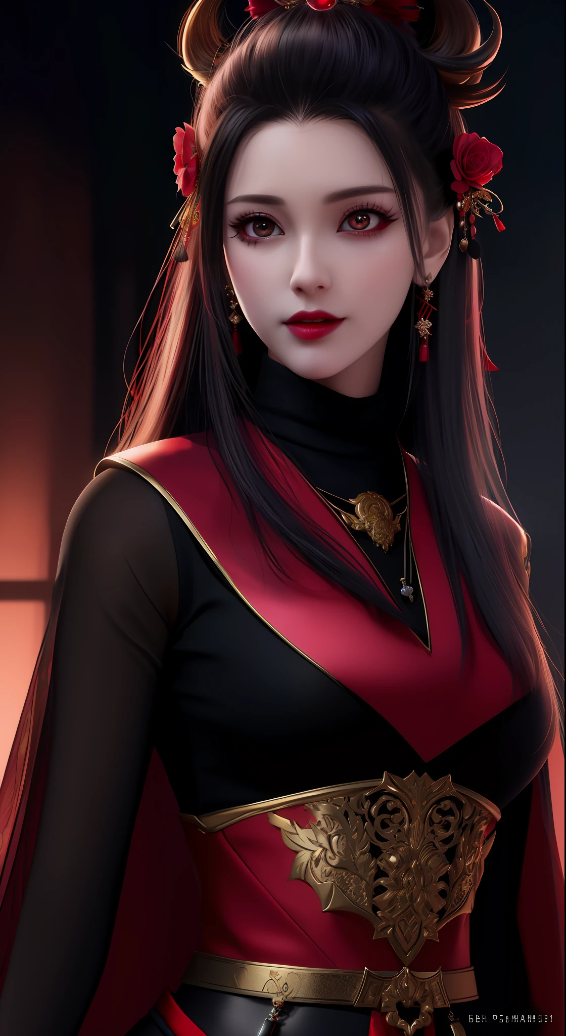 best quality, masterpiece, highres, 1girl, hanfu, chinese underwear, hair ornaments, necklace, jewelry, pretty face, upper body, magic import style, tyndall effect, photorealistic, dark studio, border light, two tone light, (high granularity skin: 1.2), 8k uhd, dslr, soft light, high quality, volumetric light, candid, Photo, high resolution, 4k, 8k, Bokeh, (light pink lips), 1 beautiful female demon from hell, In the Dark: 1.6), surreal female portrait by David Hockney and Alphonse Mucha, fantasy art , photorealism, dynamic lighting, art station, poster, volumetric lighting, highly detailed face, super 8k, awarded, in the dark, deep darkness, low light, cowboy lens , (Red phoenix dress: 1.4) , long hair, black hair, bust, luxurious palace, Royal style, demon crown, red eyes with very sharp and detailed makeup, Best face , Very big and round and round bust, Surreal, chinese women's clothing, turtleneck sweater polo shirt, Charming smile, Beautiful eyes make up, guweiz, devil style, black mesh stockings , Ponytail with a bow in the back, Dark red lips, Devil tattoo on shoulder, wearing a thin red and black shirt, cape, overcast and thundering landscape, (Portrait), Close-up main character, (Background details 1.8),